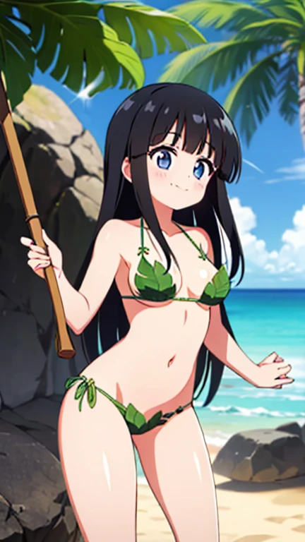 bofuri-may, bikini, long hair, black hair, two-tone hair, green eyes, hair ribbon, brown eyes, collarbone, full body, solo, 1girl, outdoors <lora:bofuri-may-000007:0.7>