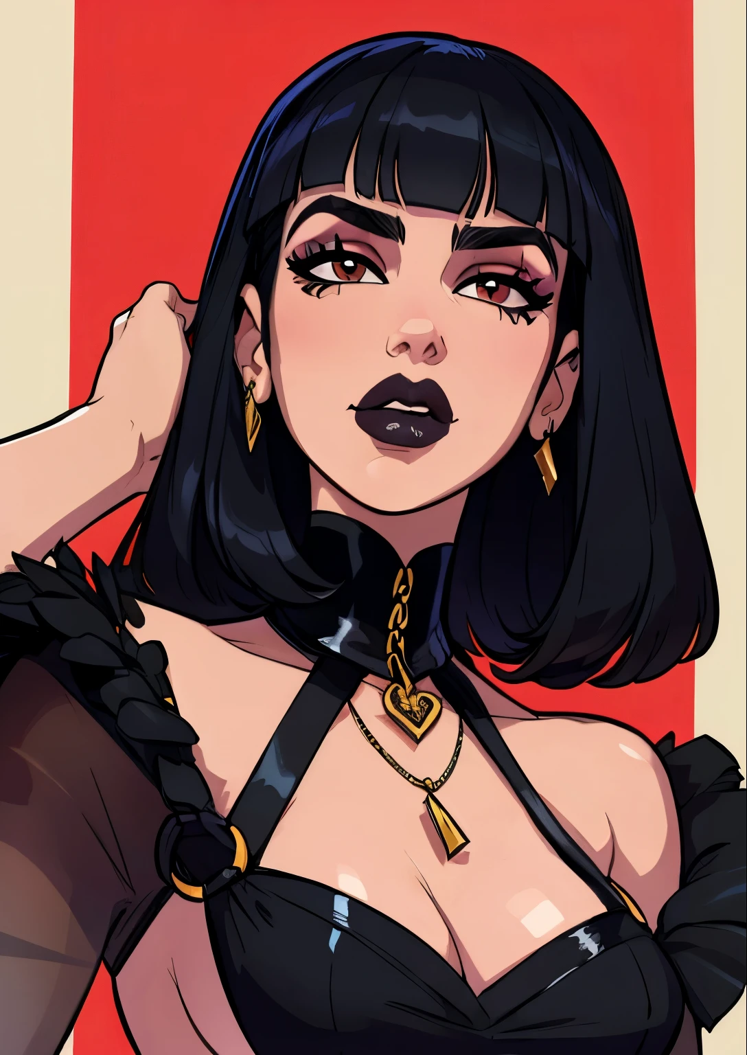 masterpiece, best quality, 1female, beautiful, face portrait, deep makeup, 1girl, face focus, bangs, deep makeup, dua lipa, goth, cell shading, nyantcha