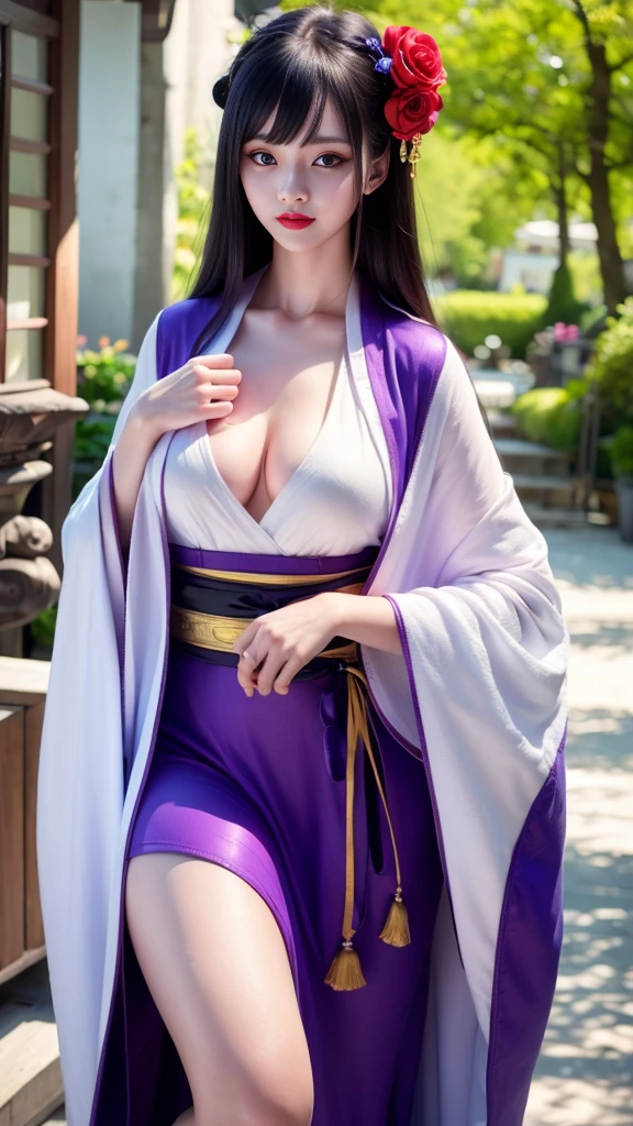 1girl, hyuga hinata in anime naruto, long hair, black hair, white eyes, smile, beautiful, sexy dress, sexy clothes, purple clothes, very big breast, realistic clothes, detail clothes, outdoor background, ultra detail, realistic