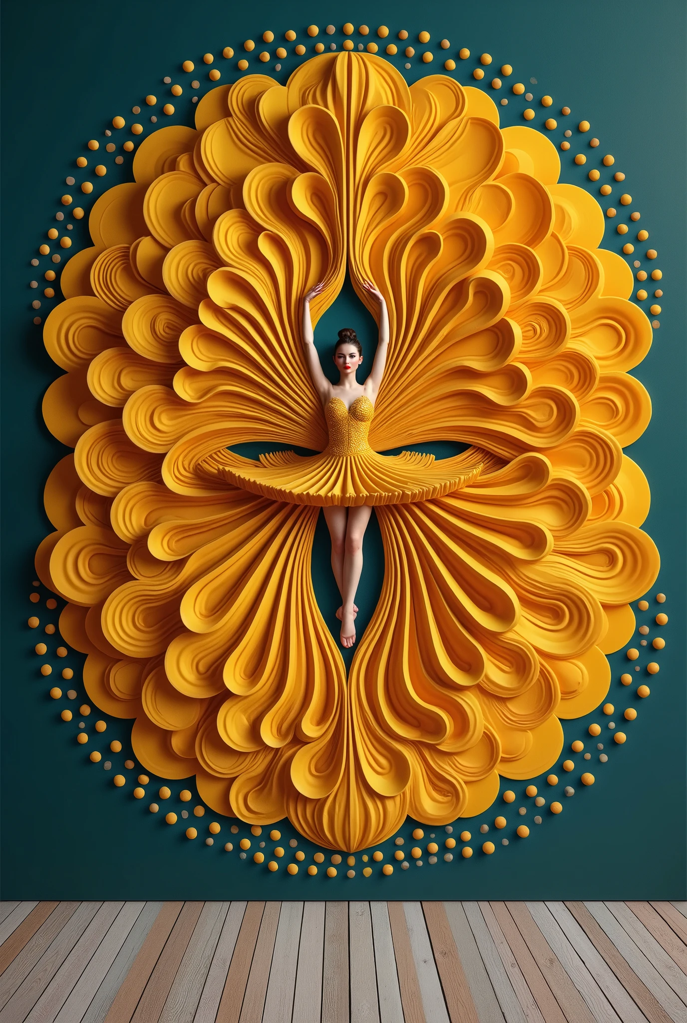 (wide angle) full body, flexible body, art nouveau A full dark teal and orange background, minimal collage artwork featuring a wide and long piece of yellow color blanket made of collection of small granules covering and envelop a part of the body of a beautiful russian ballerina women red lips, collection of small granules dress, The ends of the collection of small granules cloth fly up and stick to the wall expands upwards forming a beautiful luxurious and majestic blanket shape(symmetrical shape) stuck to the wall , black wall, stand on one leg, Unique poses with flexible bodies, strange poses, unique and beautifu pose against the middle of wall, low light, beautiful and unique masterpiece. very detailed, high resolution, in terms of beautiful appearance, beautiful art, like a beautiful logo,Elegance,SurrealArtStyle,Elegance,Composition,Surr3al_Art