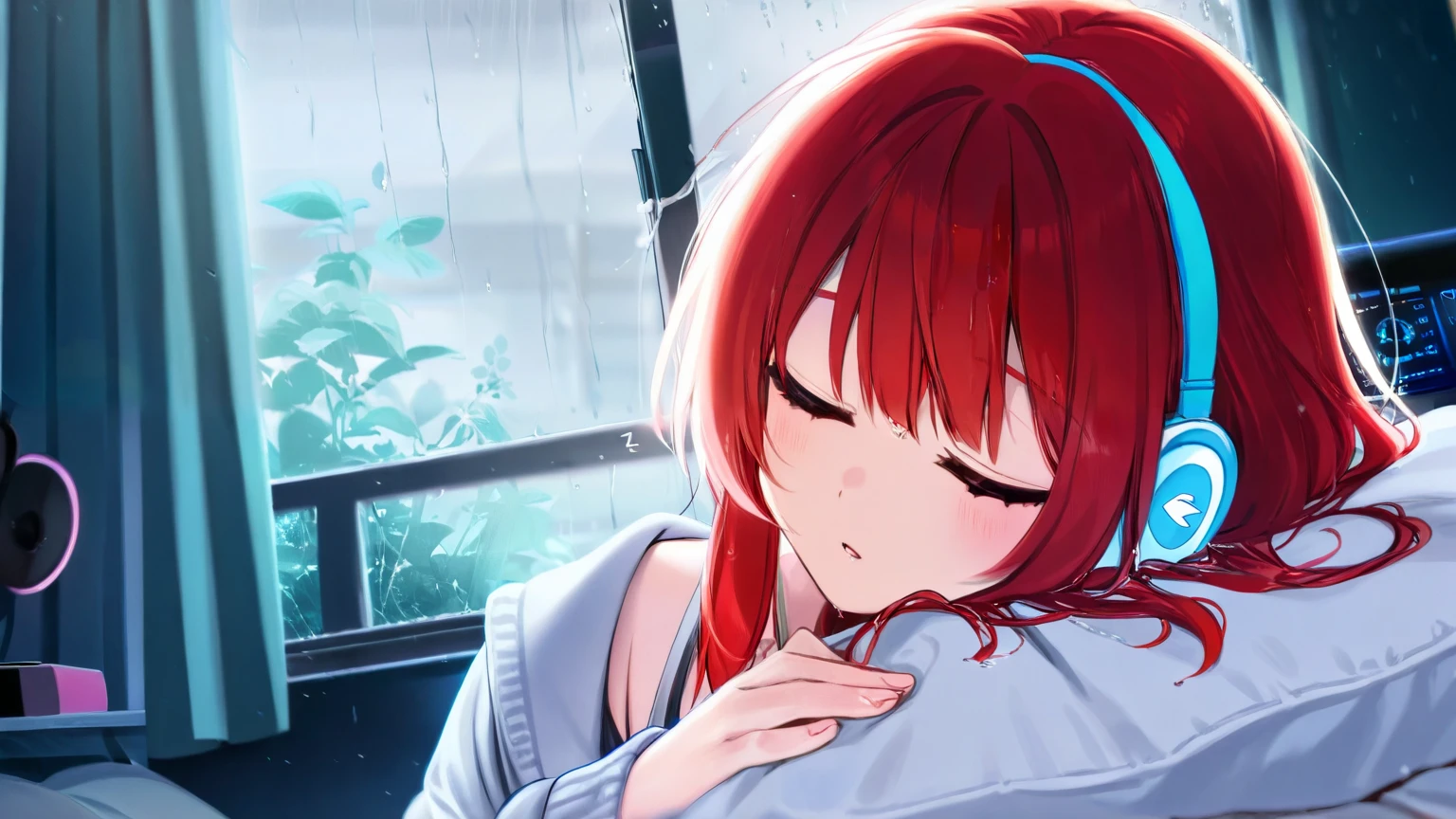 A girl with medium red hair with a blue Headphone, Sleeping listening to music ,  with rain pouring on your bedroom window.
