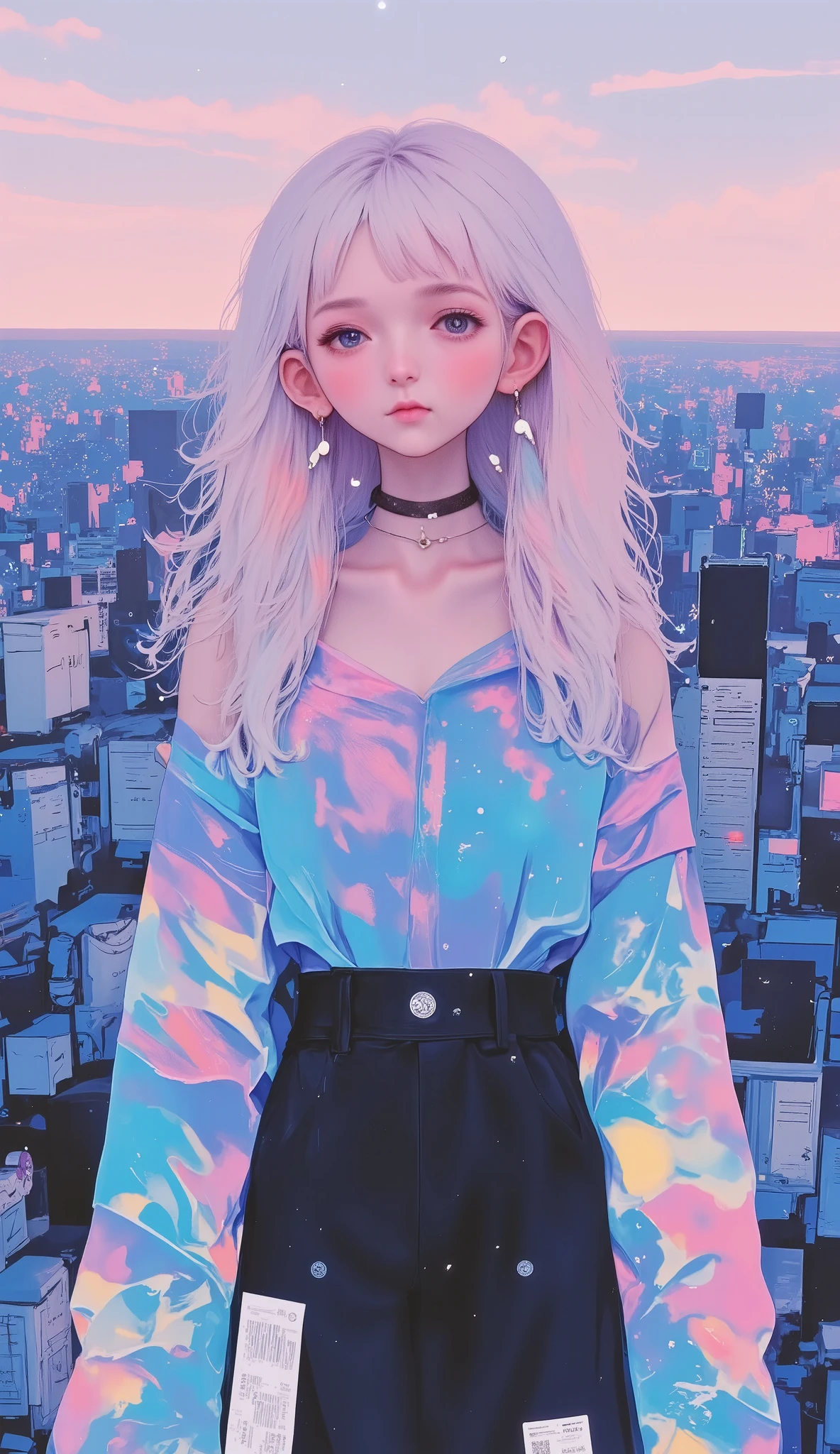  darkness,    neon lights ,  general plane :1.4,   full body  ,  Anatomically correct ,   hyperrealistic :1.3,   beautiful woman behind the camera   ((  showing her dress with large neckline on the back  , sexy bare back   :1.41)) ,   detailed face with big expressive eyes   ,  Long ones are not attractive  ,   small nose,   full lips,   blue hair with neon pink reflections    ,  and augmented reality interfaces ,  details on a dark dystopian city background with   neon lights   , en un fondo de ciudad distópica oscura con    neon lights ,   skyscraper, and flying vehicles   , 8K,  photorealistic   ,   cinematic lighting   ,  hyper Detailed, arte digital