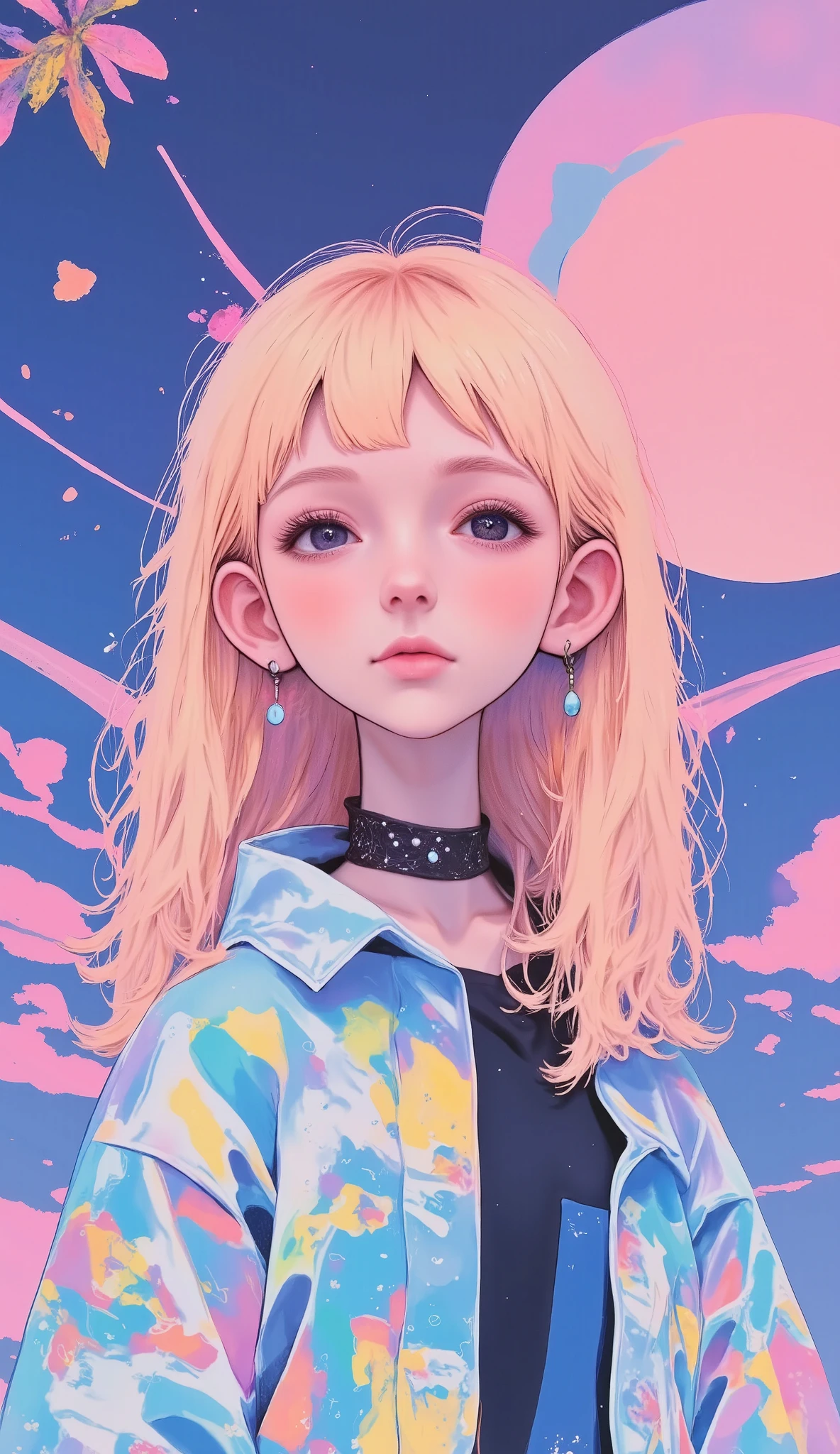 (( general plane , Full body :1.6)), purple: 1.5, orange: 1.1, white: 1.3, yellow: 1.3, ( Rapper girl with terrifying hair ), tatuajes, (hot air balloon clothing: 1.2), flower, leaves, born in the mist, Lines, Background circles, action pose, 32k.