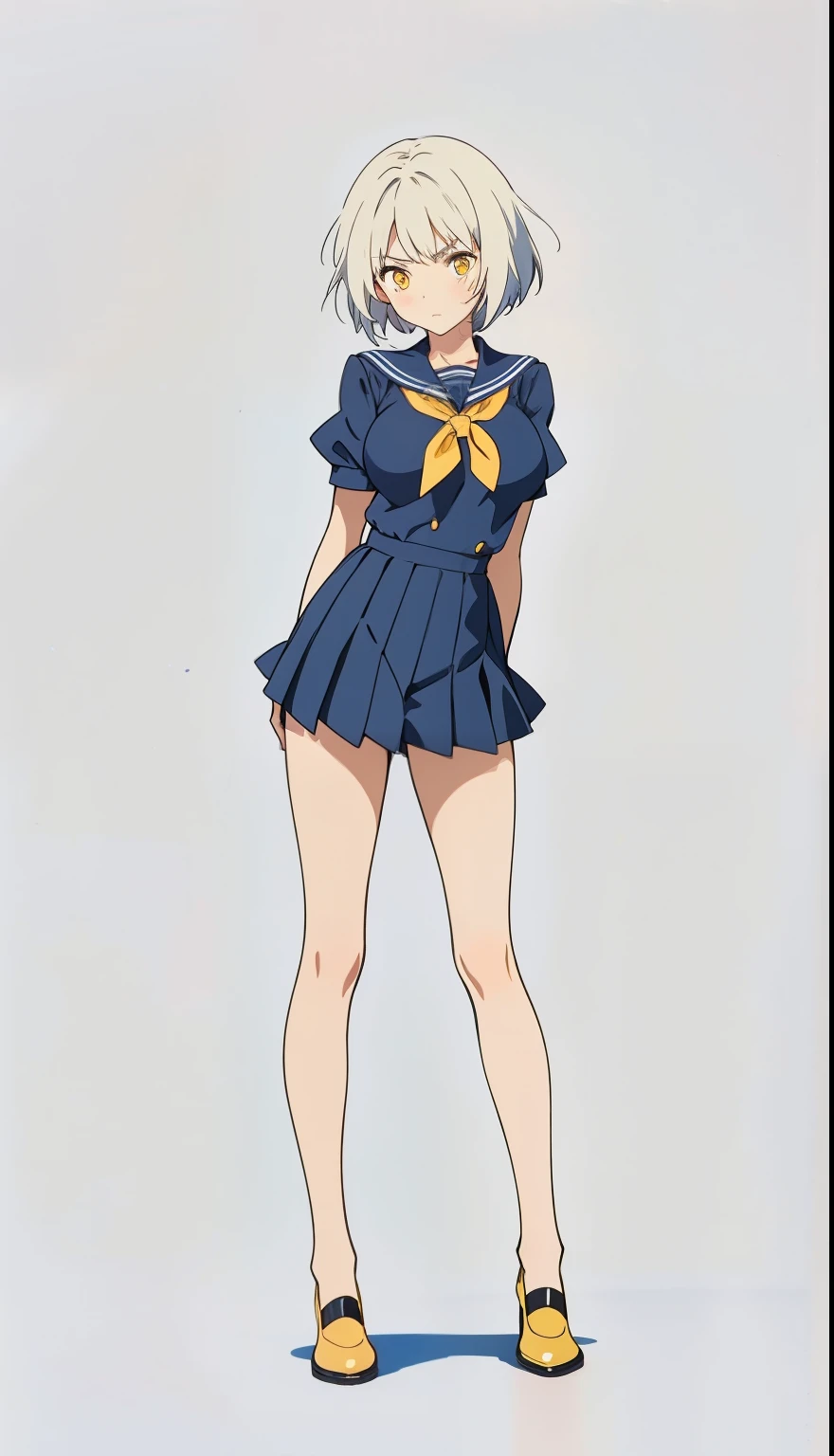 Girl with a (short white hair:1.2) and (yellow eyes:1.2), wearing black school uniform. Standing, serious face, all parts of body can be seen. (Black shoes:1.2). Big breasts (simple white background:1.2)