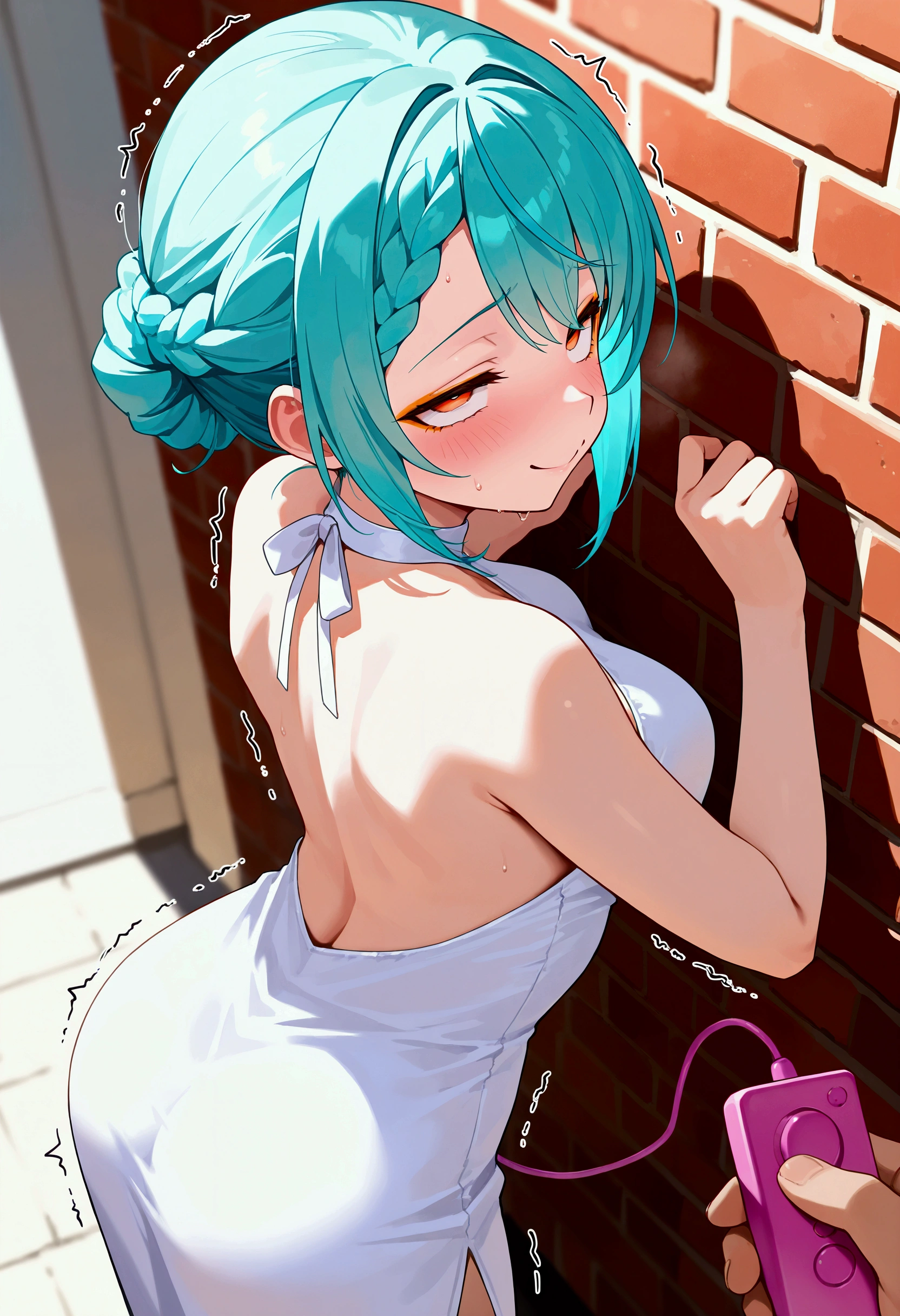 1boy, (pov_hand), (remote_control_vibrator),square_remote_control_vibrator, sex_toy,  BREAK, 1girl, solo, (best quality), 8k, masterpiece, aqua hair, short hair, braided bangs hairstyle, ahegao, head backwards, arched back, BREAK, orange eyes, golden eyeshadow, medium breasts, seductive smile, BREAK, against_wall, back, blush, brick_wall, controller, day, dress, from_behind, holding, (holding_remote_control_vibrator), outdoors, photo_background, solo_focus, trembling, vibrator, vibrator_under_clothes, white_dress, (wireless_sex_toy_controller),