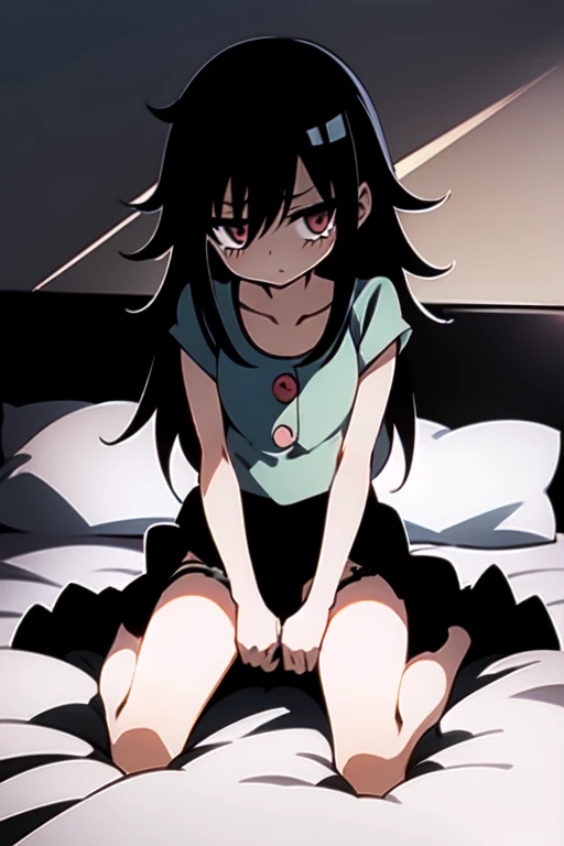 wavy black hair, piercing look with deep red eyes, average stature, Silky hair with a ponytail hairstyle collected with a red bow with two white lines., lying in her bed , has a vagina, has breasts,NSFW, poses perverteds, lustful look, perverted, wearing a top, wearing a mini skirt, showing my ass to the camera, transparent lingerie panties 
