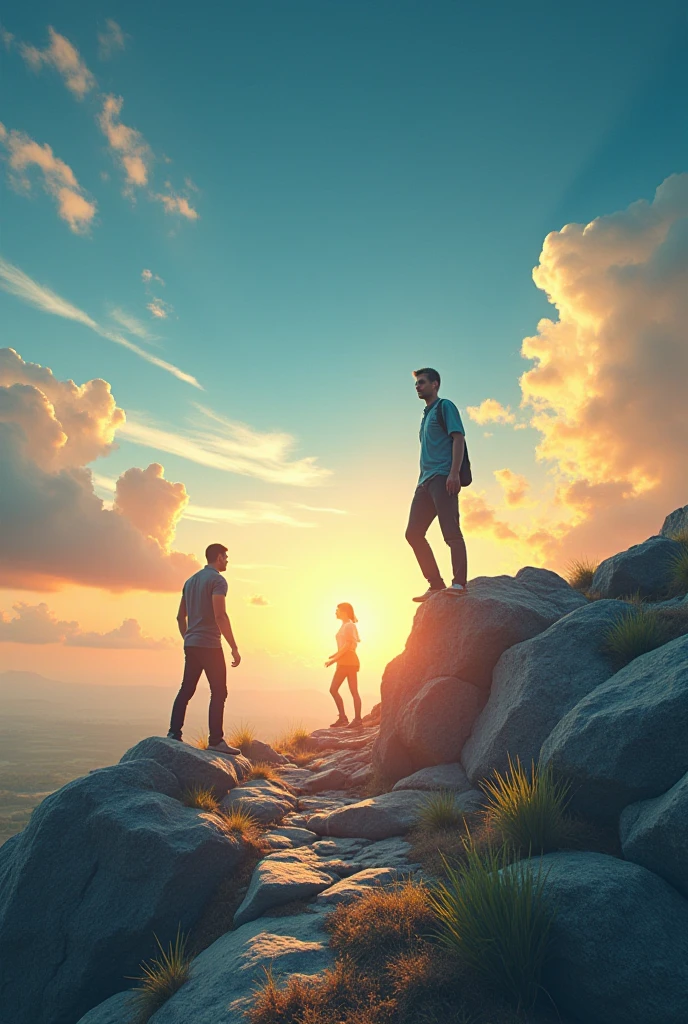 (best quality, masterpiece, ultra detailed), A dynamic illustration of a group of diverse individuals standing on a cliff, overlooking a vast, open sky with the wind blowing past them. The individuals are in various powerful, determined poses, symbolizing their unyielding spirit and unity. The sky is painted with shades of dawn, representing hope and new beginnings.