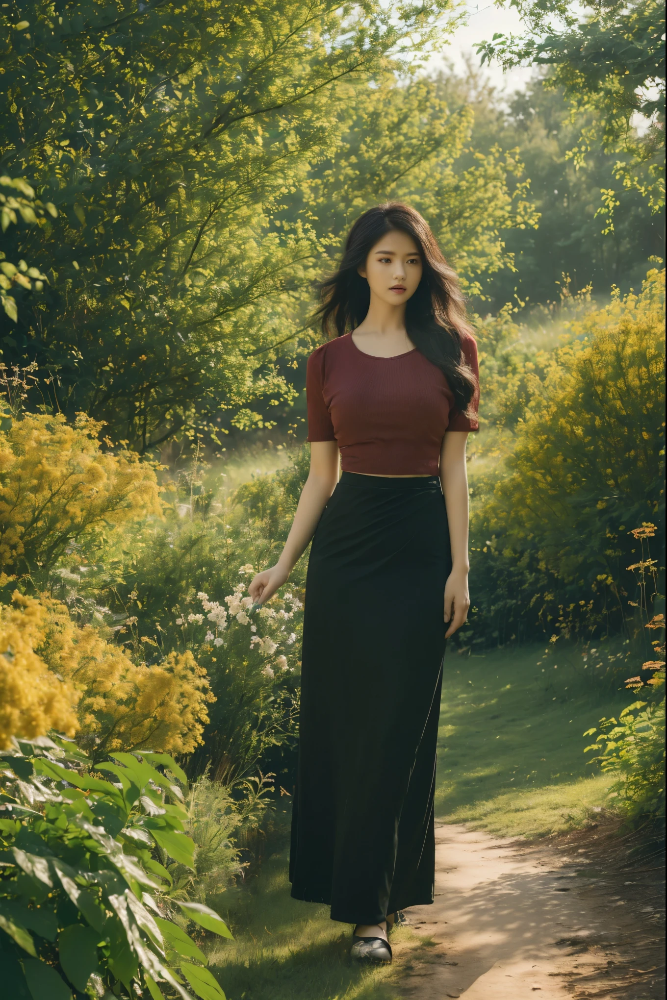 ((Best Quality, 8k, Masterpiece:1.3))), Crisp Focus: 1.2, (Beautiful Woman with Perfect Figure: 1.4) , multiple girls))),((((6girls))))、((6 girls))、The same face、matching  uniform、(acmm ls outfit, dark red acmm top, wearing acmm long skirt, dark red acmm long skirt, printed skirt,)、Long black hair、((((Gigantic Breasts)))Raw photo、same person、Doppelganger、(group portraits), standing,ass focus  ,front view,In the floral plants forest background ,film effect 、best position,best composition, perspective view, ultra wide view,(best quality,4K,8K,highres,masterpiece:1.2),ultra-detailed,(realistic,photorealistic,photo-realistic:1.37),HDR,studio lighting,sharp focus,