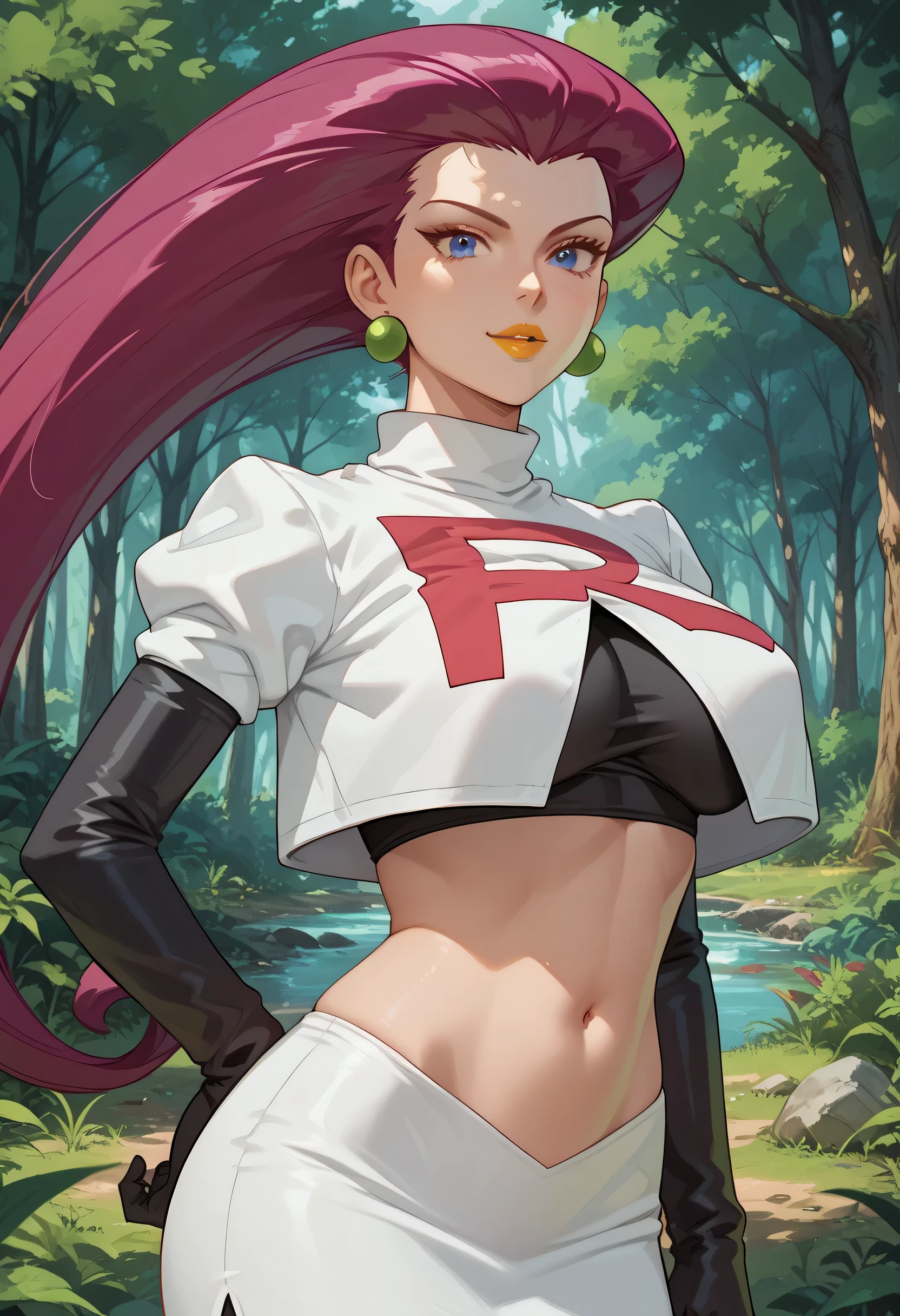 woman, big breasts, yellow lipstick, anime style, white skin, long hair, blue eyes, forest, exposed belly button, Jessie, Pokémon