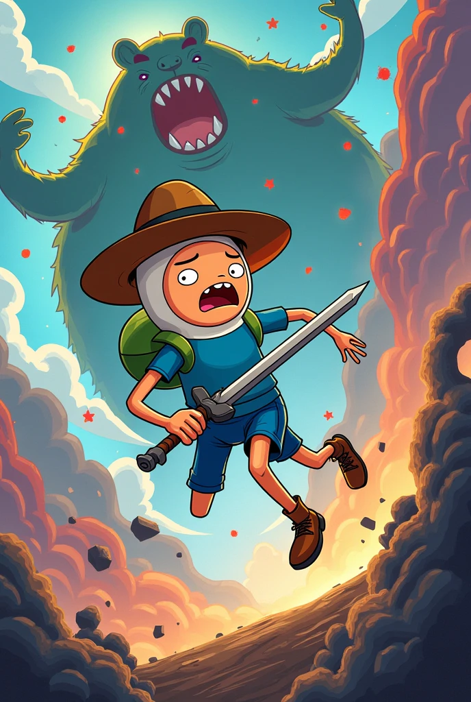 finn, holding a sword, jumping on a monster, adventure time, 2d, screaming