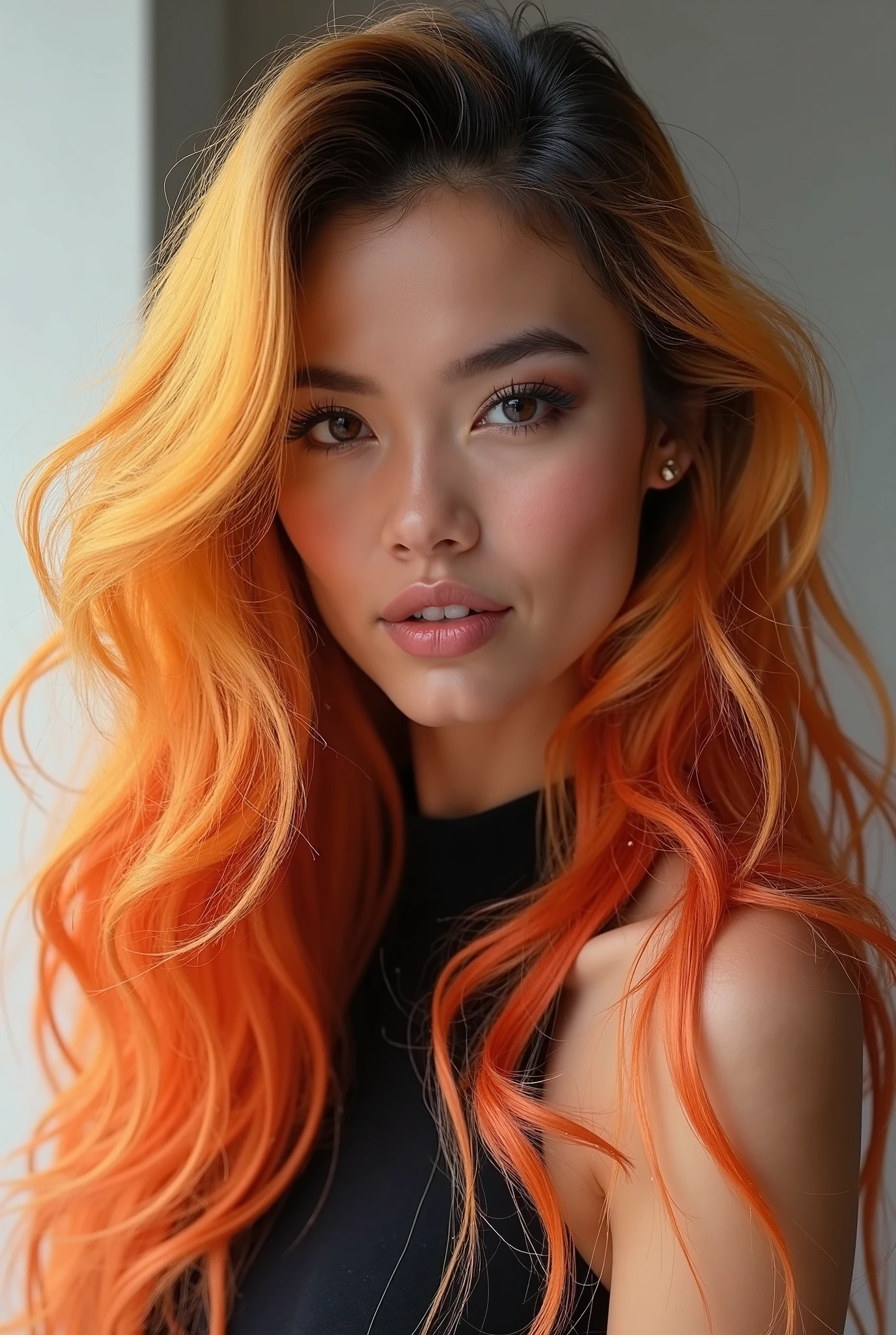 Nsfw、nude、(((1 girl))), ((((alone)))), ((messy hairstyle)), stand and take a photo, (((reddish yellow hair)), red eyes、((Laugh and fool yourself))、blush