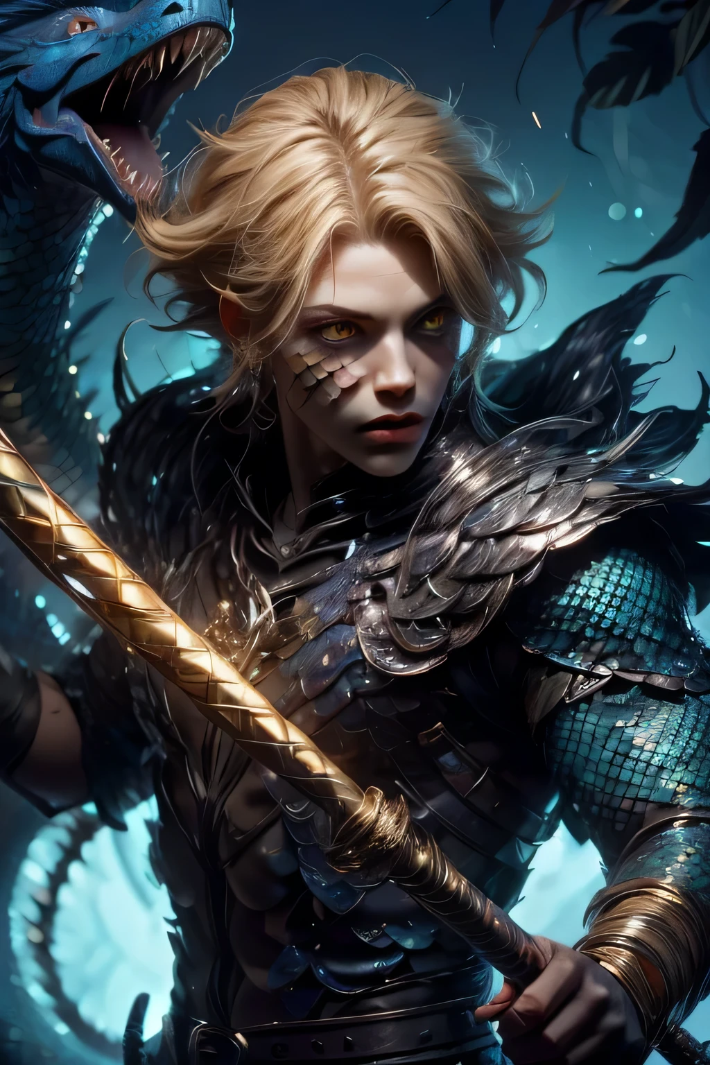 male character, close up image, wizard staff in hand, grim dark fantasy, dnd character, male warlock, short blond hair snake eyes, yellow eyes, blue serpent scales, scales on arms, scales on cheeks, snake-like face