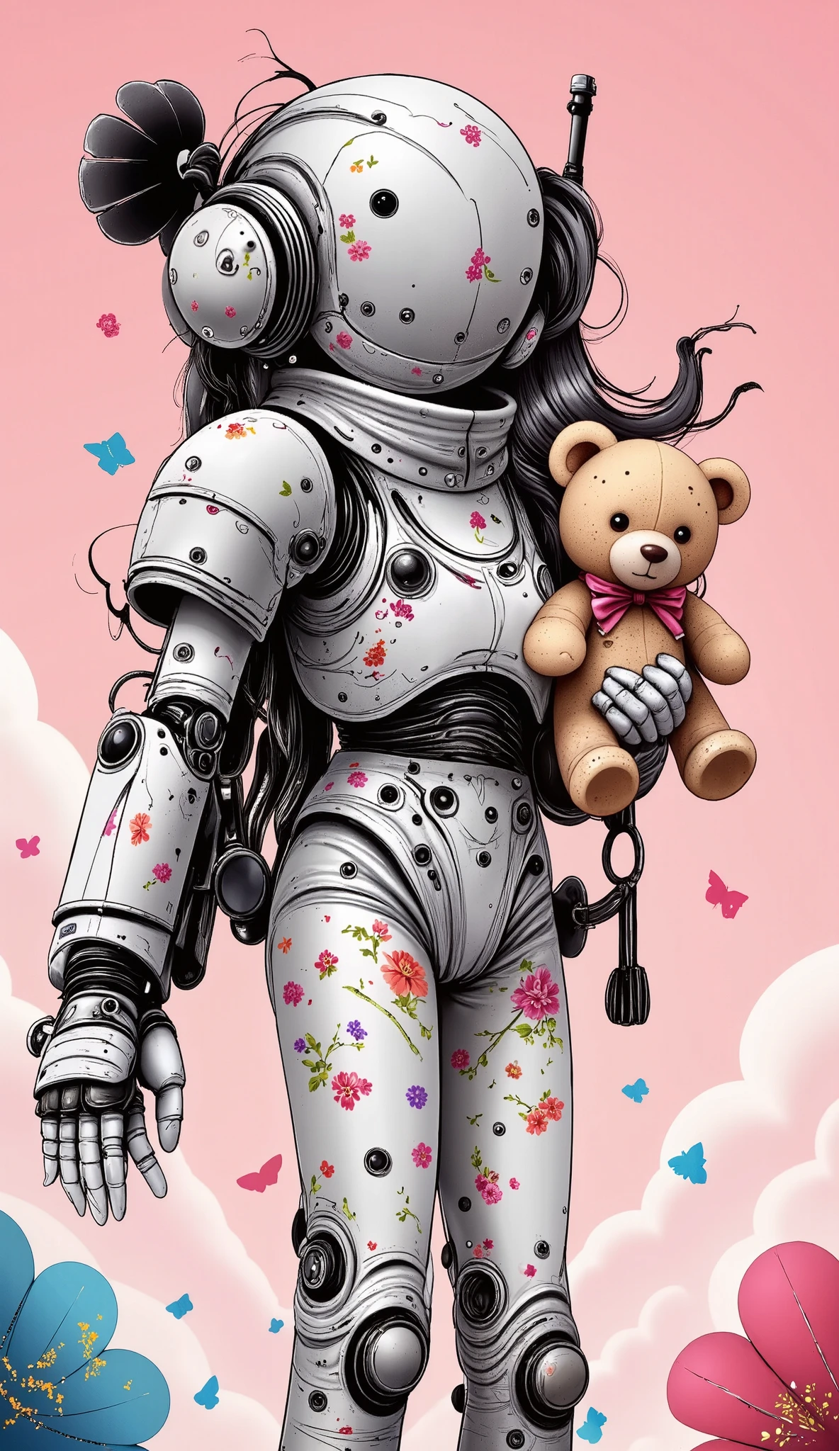 Cute female robot , floral print on the body , heavy weapons, kawaii mood , together and bright pink holes, holding a teddy bear , The newest anime style , hyper Detailed, colores vibrantes, dynamic posture , very detailed face and eyes , intricate mechanical design , Capricious, Pastel color palette, photorealistic , movie lighting , soft lighting , Chiaroscuro, movie lighting , Fujicolor, 8K, masterpiece, U High definition , Retina, masterpiece, Precise, Anatomically correct, Old school , super detail , Detailed pants , high quality , awarded, envelopes, highres, 1080P, High definition , 16K