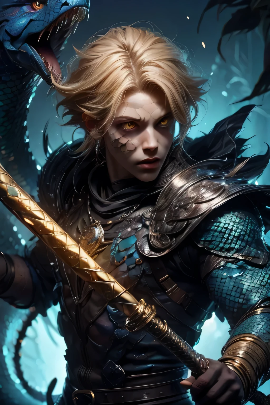 male character, close up image, wizard staff in hand, grim dark fantasy, dnd character, male warlock, short blond hair snake eyes, yellow eyes, blue serpent scales, scales on arms, scales on cheeks, snake-like face