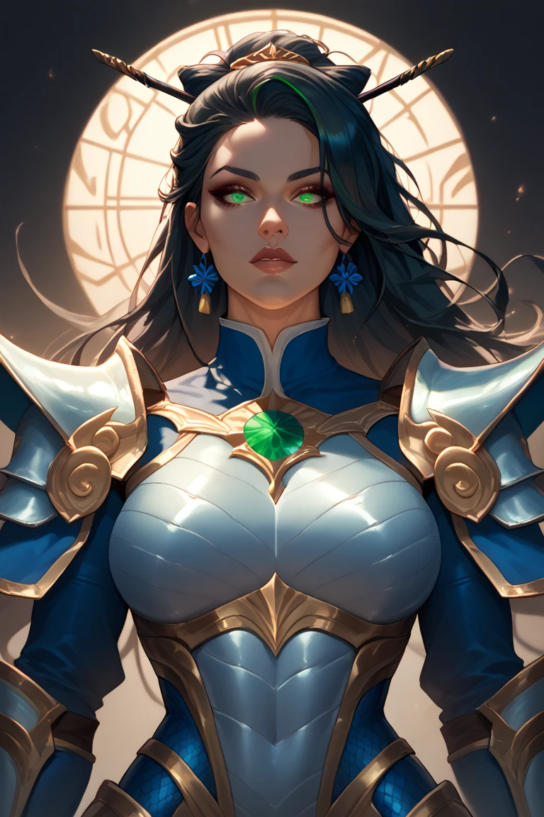 Portrait, Masterpiece, Excellent, 1girl, solo, complex details, color diffusion, close-up, pale female, Asian female, female giant, black hair, dark hair, golden eyes, elegant attire, sensual attire, epic, mage, goddess, Sci-Fi, Fantasy