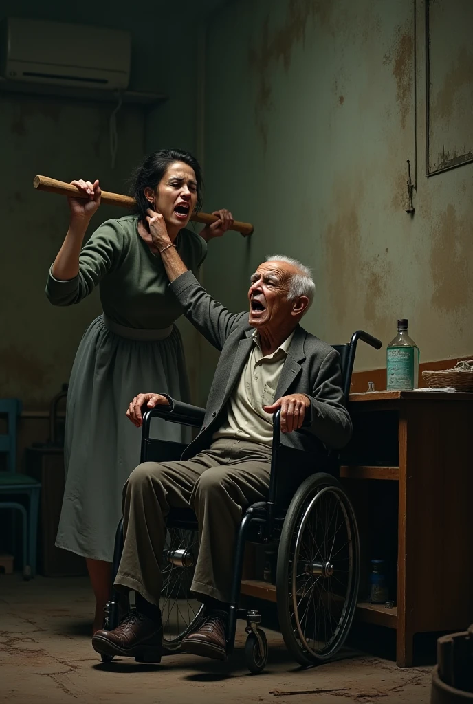 group of young Italian boys, wearing leather, muscle shirts, kicking a disabled old lady in a wheelchair, bloody, painful, evil, dead dog, lady is screaming, crying, Balthus