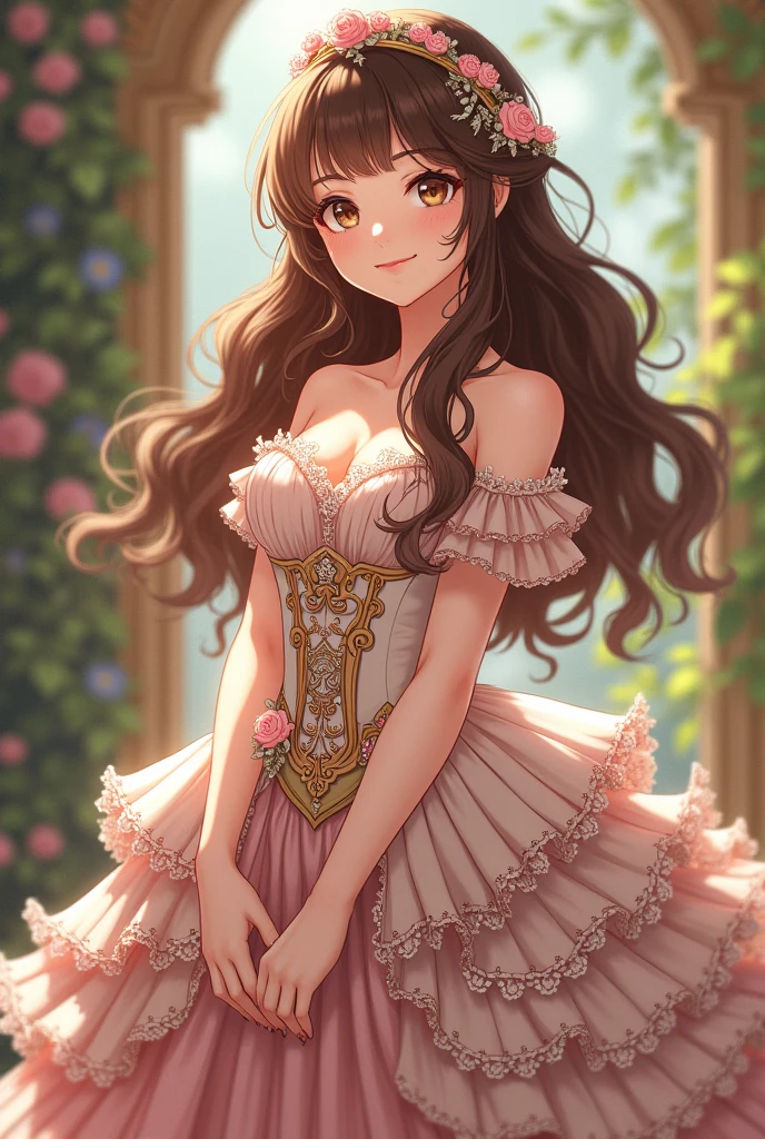 Long Hair, Brown Hair, Shiny Hair, Diagonal bangs, Large Breasts, smile, Pink eyes, smiling, Droopy eyes, ribbon, anime, One person, Princess,pink prom dresses
