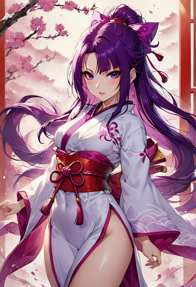 ke-ta, japanese garden, cherry blossoms, petals, 1girl, purple hair, high ponytail, hair ornament, animal ears, animal ear fluff, kimono, miko, bare shoulders, sideboob, tranquil gaze, <lyco:STYLE-Ke-Ta_v1.7:1>,