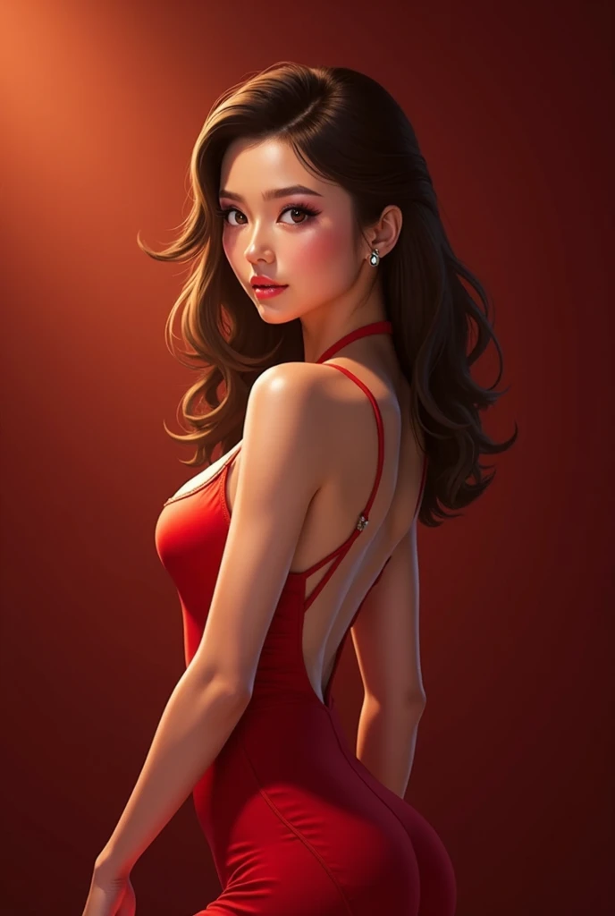 create beautiful Chinese 3D girl wearing attractive red color hot string dress, exposing inner skin of big chest and big hip and pointing finger to side to explain, smiling face with standing portrait full body