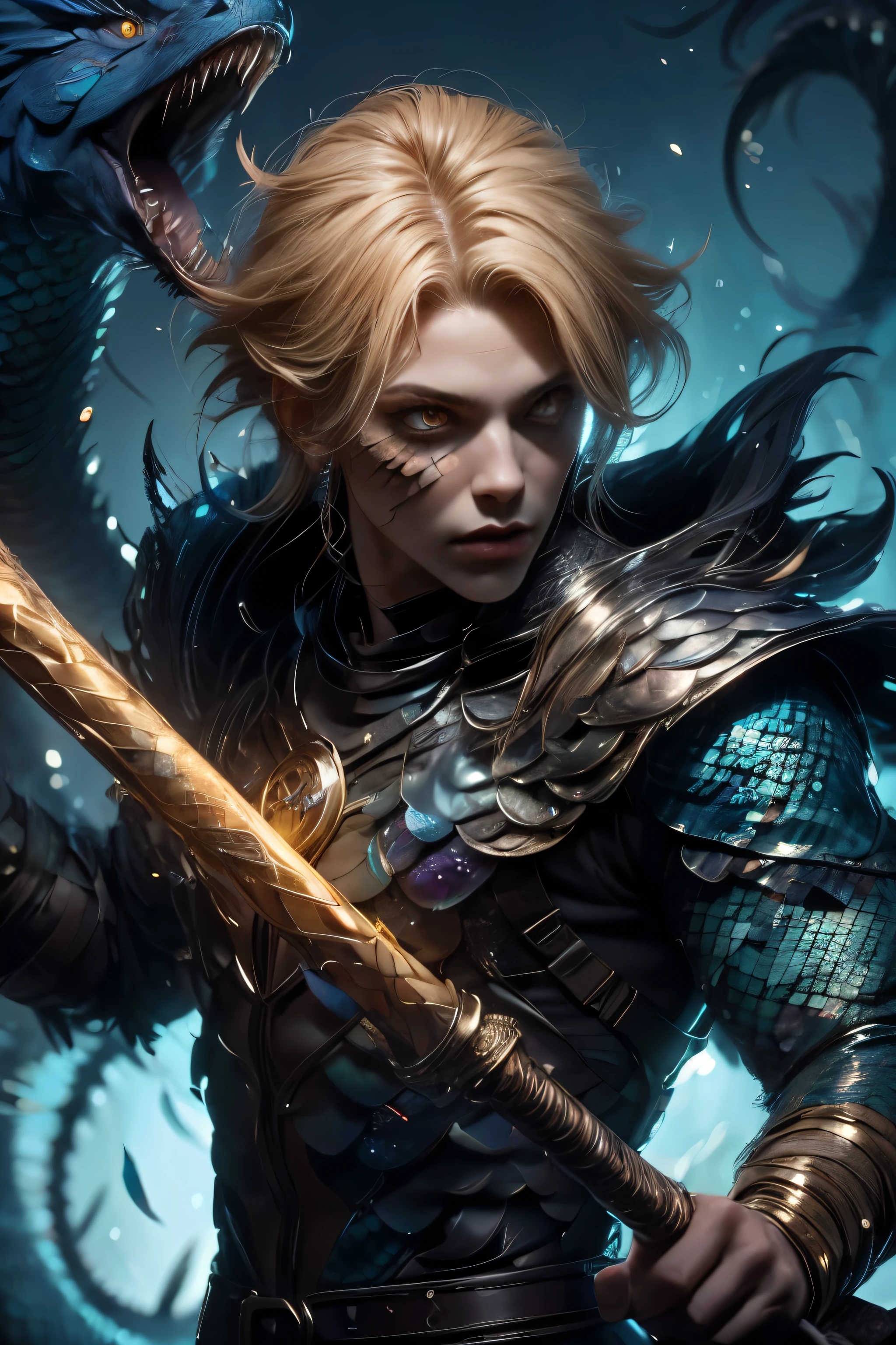 male character, close up image, wizard staff in hand, grim dark fantasy, dnd character, male warlock, short blond hair snake eyes, yellow eyes, blue serpent scales, scales on arms, scales on cheeks, snake-like face