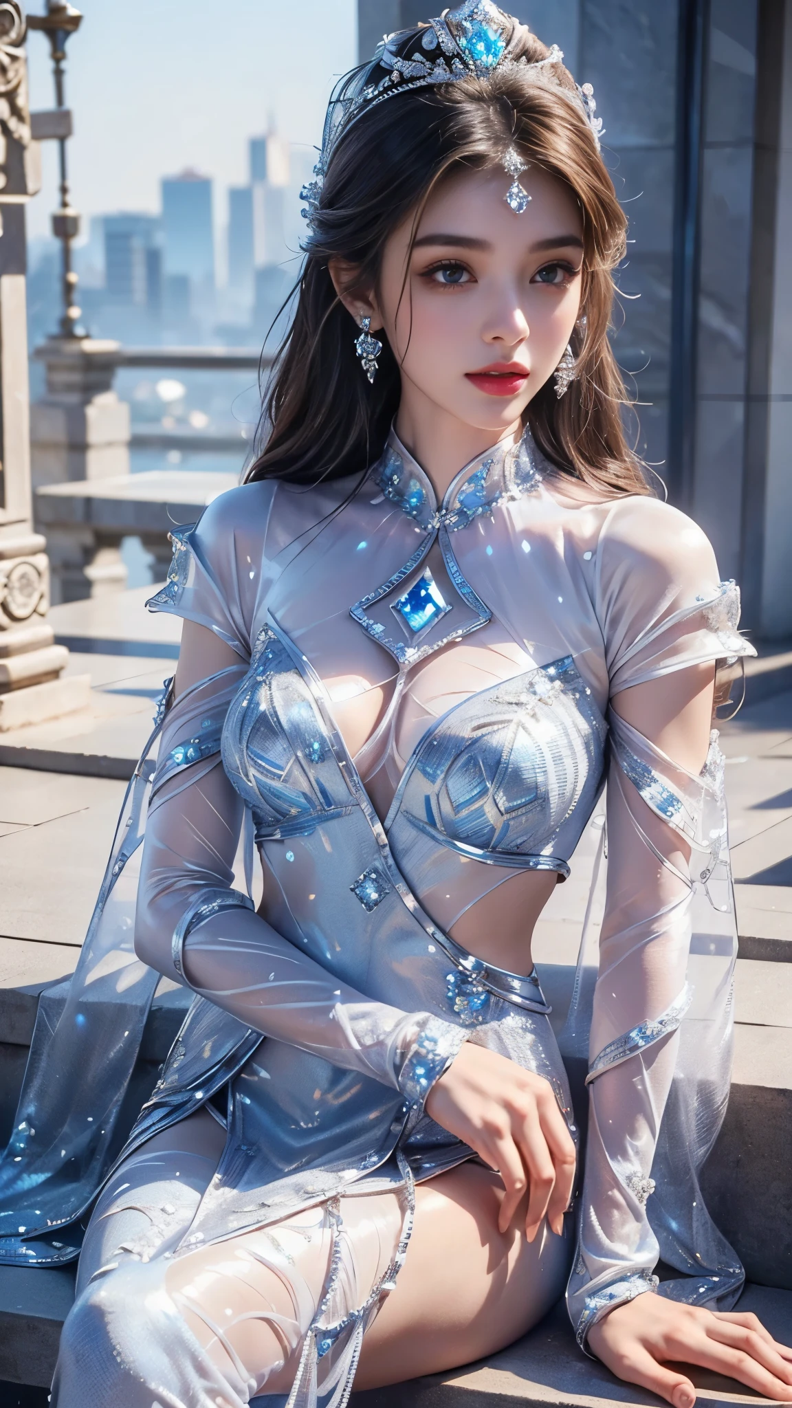 1 girl, good face, beautiful face,sexy face,Short hair, fine eyes, lip details, Best shaped and medium breasts, (crystal costume:1.5), translucent lace, (Crystal Ornament:1.5), (レモン crystal costume :1.5), Take a photo near the crystal, ultra realistic realism, Color Field Printing, advanced details, hyper hd, cinematic lighting, 4K quality,full body shot,A transparent face,attractive face,colorful costumes,Pose that arches the chest,blur the background,
