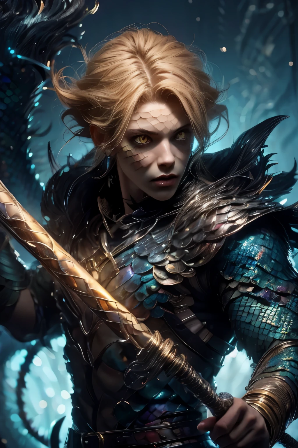 male character, close up image, wizard staff in hand, grim dark fantasy, dnd character, male warlock, short blond hair snake eyes, yellow eyes, blue serpent scales, scales on arms, scales on cheeks, snake-like face