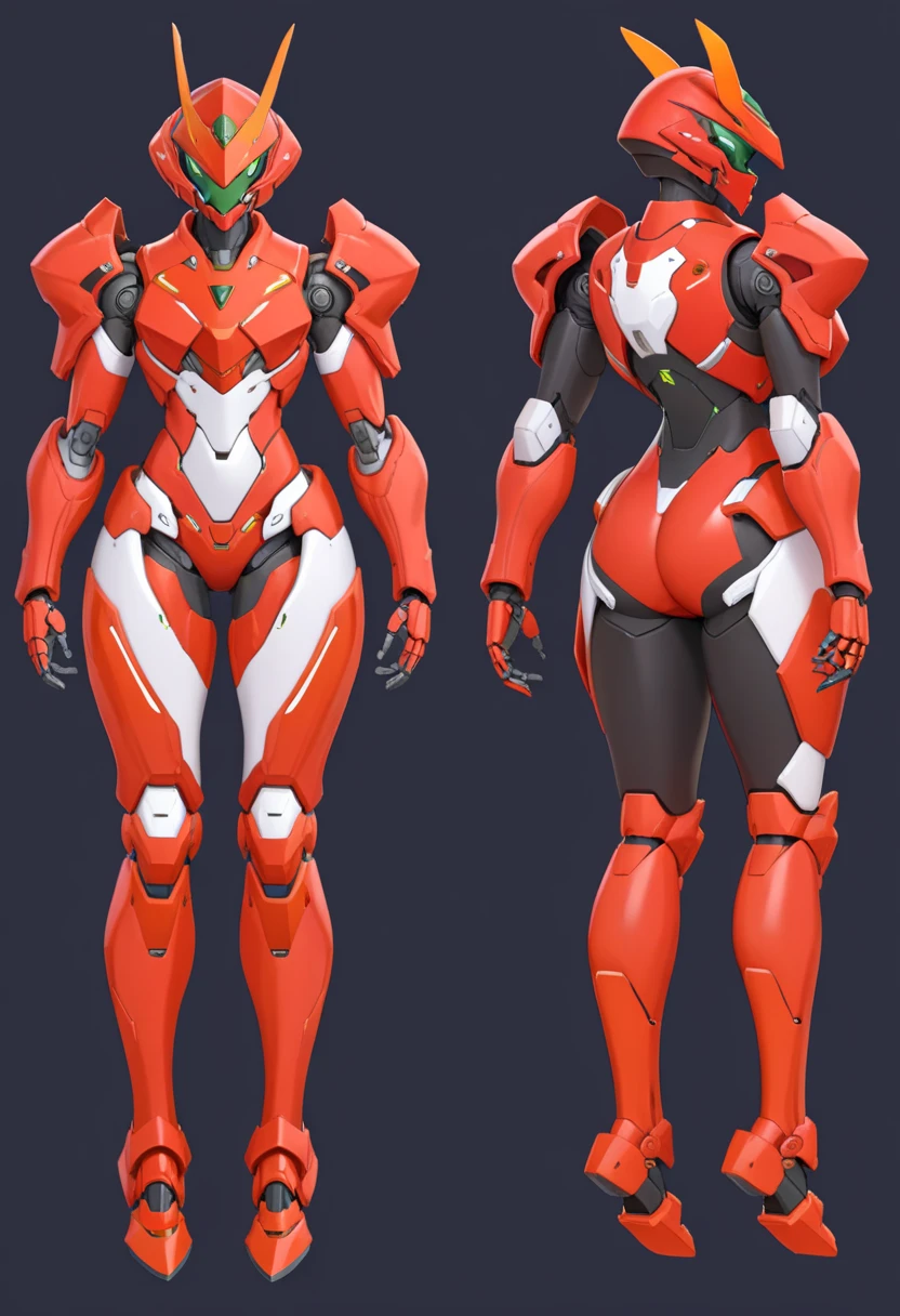(GENERAL:0), mecha, robot, masterpiece, best quality, very aesthetic, absurdres, solo, standing,
(VIEWS:0),  full body character turnaround of mecha,
Multiple views of the same mecha,  (simple background, white background:1.2), multiple views, side view, back view, front view, 
,
mask, helmet,
Butterfly \(insect\)ï¼
EVANGELION EVA-01 TEST TYPE,
plate armor, power suit, alien,
android, cybersuit, upper armor, mechanical arms, machinery, prosthesis,
(bodyshape:0), Petite body,
(clothing:0), (Opulent velvet dress with exaggerated draped sleeves:0.6), 
(red  
medieval  theme character design:1.1),
 Alphonse Mucha Style page
 