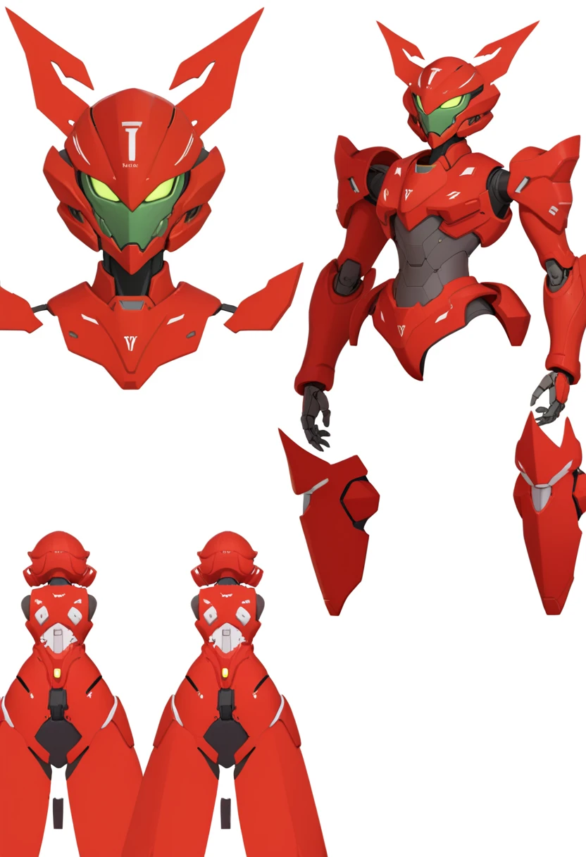 (GENERAL:0), mecha, robot, masterpiece, best quality, very aesthetic, absurdres, solo, standing,
(VIEWS:0),  full body character turnaround of mecha,
Multiple views of the same mecha,  (simple background, white background:1.2), multiple views, side view, back view, front view, 
,
mask, helmet,
Butterfly \(insect\)ï¼
EVANGELION EVA-01 TEST TYPE,
plate armor, power suit, alien,
android, cybersuit, upper armor, mechanical arms, machinery, prosthesis,
(bodyshape:0), Petite body,
(clothing:0), (Opulent velvet dress with exaggerated draped sleeves:0.6), 
(red  
medieval  theme character design:1.1),
 Alphonse Mucha Style page
 
