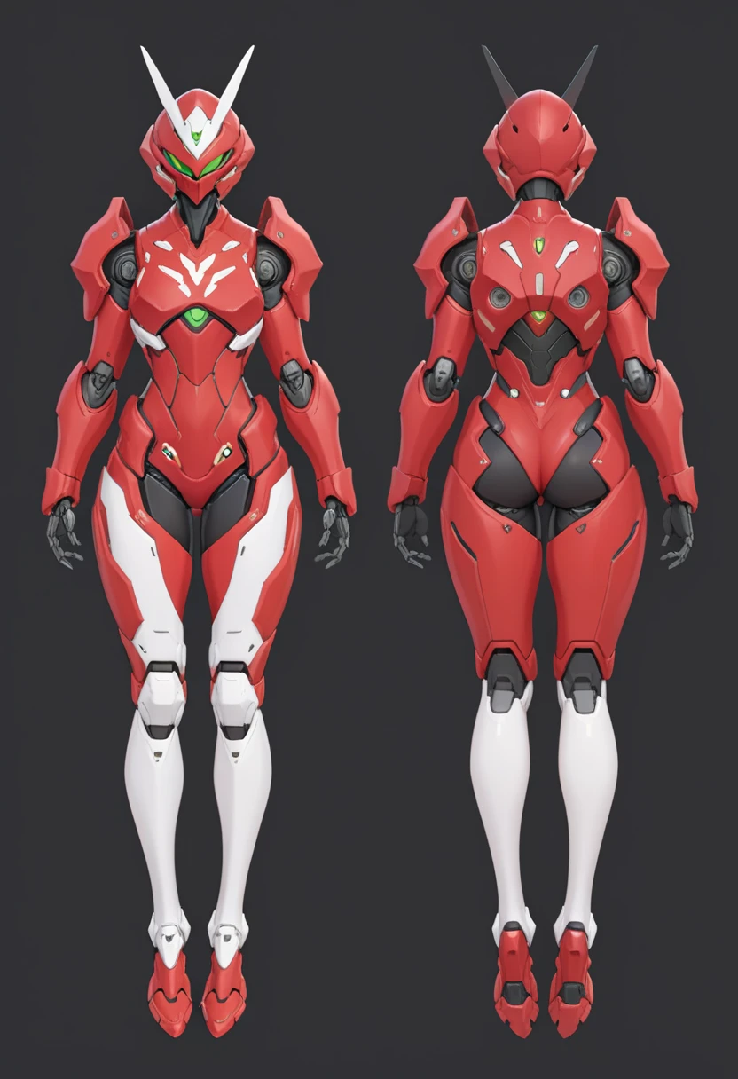 (GENERAL:0), mecha, robot, masterpiece, best quality, very aesthetic, absurdres, solo, standing,
(VIEWS:0),  full body character turnaround of mecha,
Multiple views of the same mecha,  (simple background, white background:1.2), multiple views, side view, back view, front view, 
,
mask, helmet,
Butterfly \(insect\)ï¼
EVANGELION EVA-01 TEST TYPE,
plate armor, power suit, alien,
android, cybersuit, upper armor, mechanical arms, machinery, prosthesis,
(bodyshape:0), Petite body,
(clothing:0), (Opulent velvet dress with exaggerated draped sleeves:0.6), 
(red  
medieval  theme character design:1.1),
 Alphonse Mucha Style page
 
