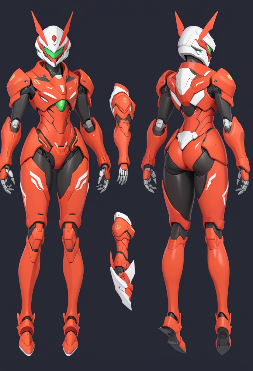 (GENERAL:0), mecha, robot, masterpiece, best quality, very aesthetic, absurdres, solo, standing,
(VIEWS:0),  full body character turnaround of mecha,
Multiple views of the same mecha,  (simple background, white background:1.2), multiple views, side view, back view, front view, 
,
mask, helmet,
Butterfly \(insect\)ï¼
EVANGELION EVA-01 TEST TYPE,
plate armor, power suit, alien,
android, cybersuit, upper armor, mechanical arms, machinery, prosthesis,
(bodyshape:0), Petite body,
(clothing:0), (Opulent velvet dress with exaggerated draped sleeves:0.6), 
(red  
medieval  theme character design:1.1),
 Alphonse Mucha Style page
 