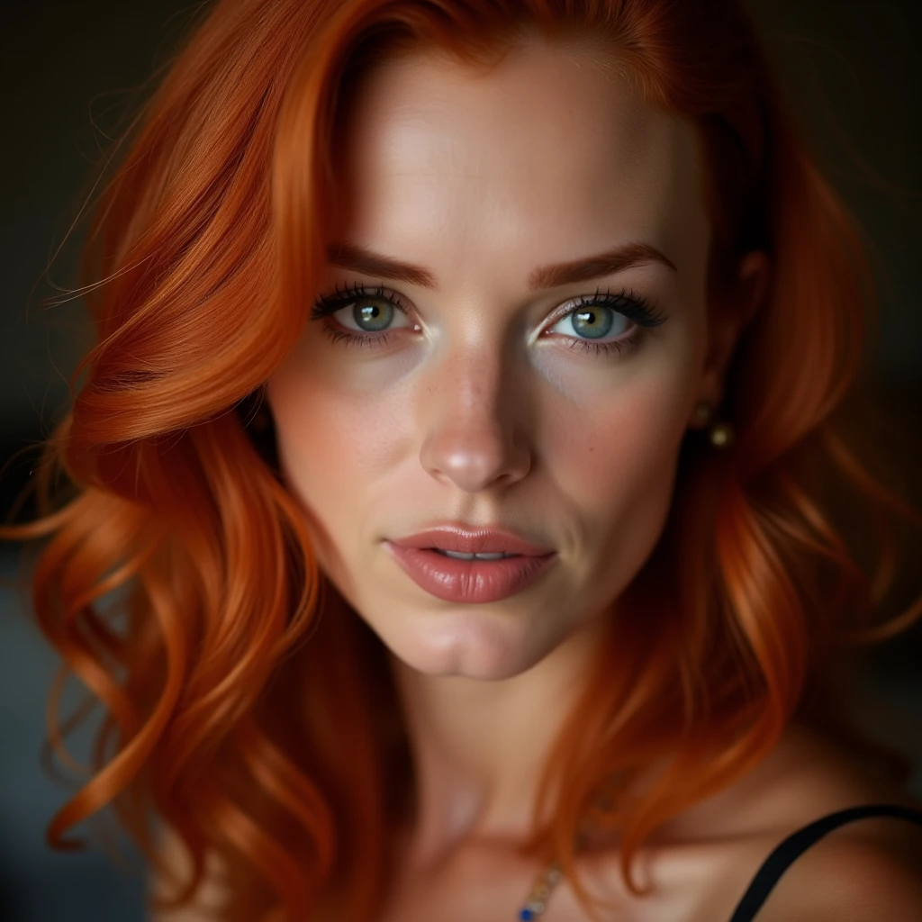 Gorgeous sexy 1woman 35 year old red haired model. Photographic close-up 1woman 35 year old, red hair, (lips together:1.4), perfect kiss, look towards the camera