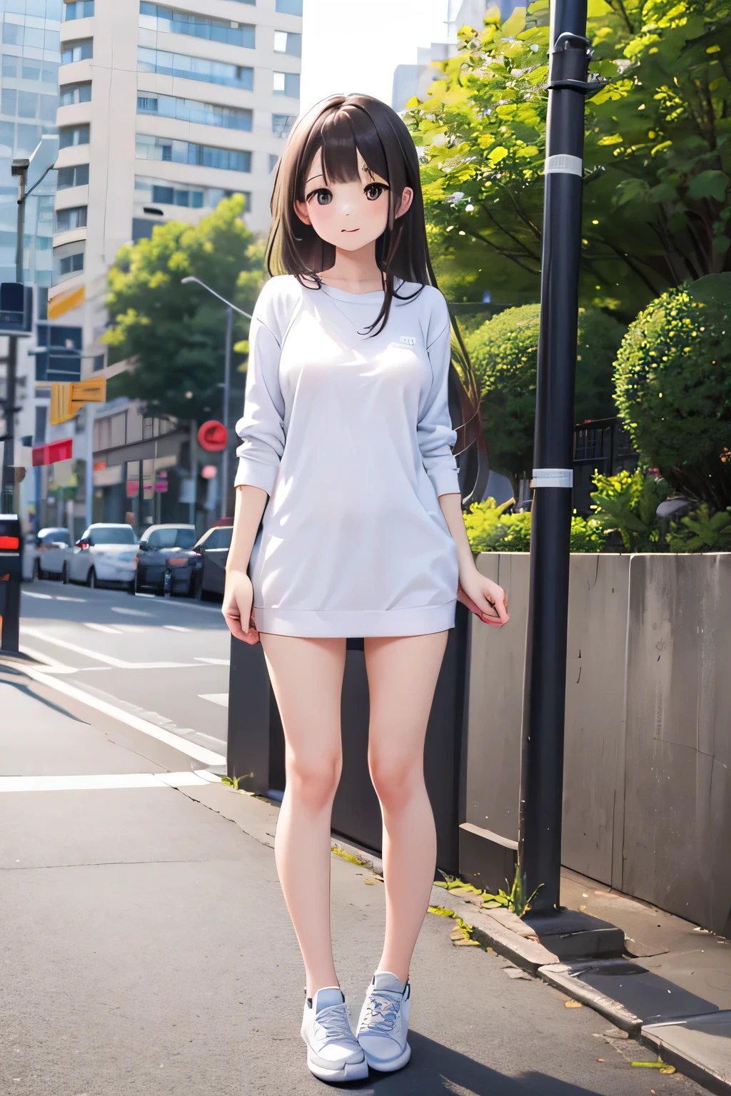 very cute girl, long straight brown hair,brown eyes. Medium breasts. Standing pose wearing white sneakers 