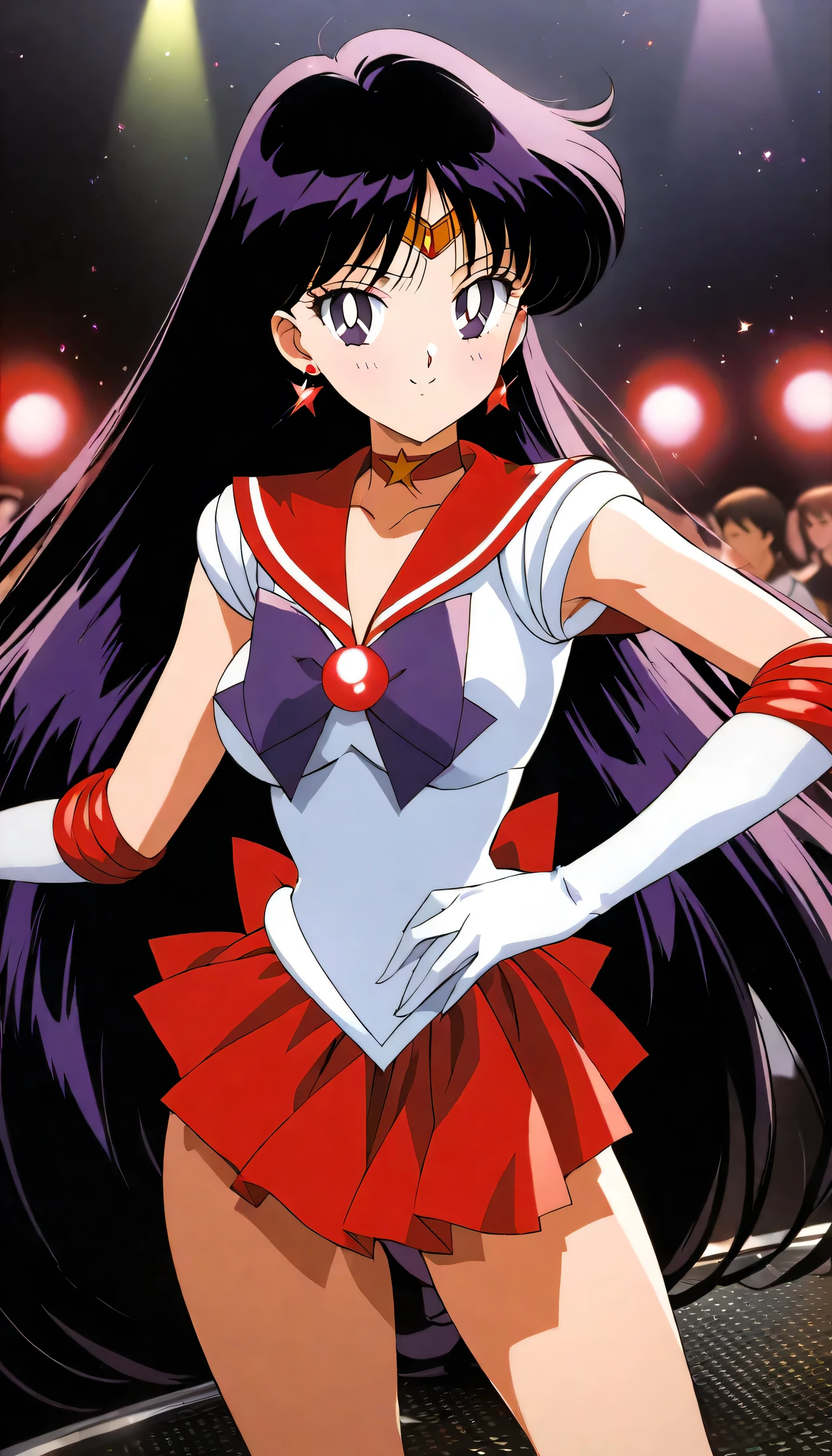 aamars, very long hair, black hair, parted bangs, purple eyes, 1990s \(style\), 1 girl, solo, Best quality, masterpiece, High Definition, red choker, red sailor collar, purple bowtie, white shirt, elbow gloves, white gloves, pleated skirt, red skirt, bare legs, night club, dance floor, disco lighting, standing, black high heels, sexy posing, cowboy shot, medium breast, smile,