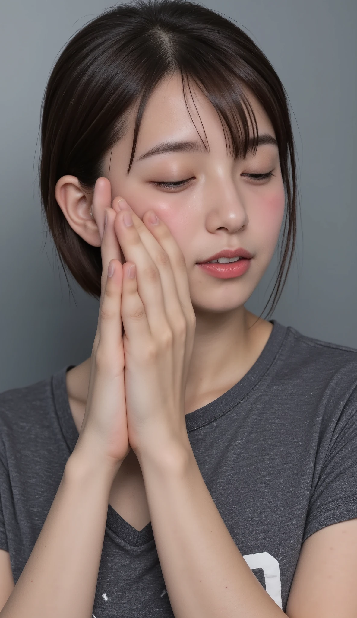 high-resolution photos of young Japanese women , Masterpiece, Amazing Quality , complicated details, Very Detailed , Professional lighting , electronic flash , ( sharp concentration), Alone, 1 girl, (Grey T-shirt, covered nipples), ( flat chest:1.5), (slender, slim and thin body , skinny:1.2), (Small Head, Small face), white skin, detailed face, detailed eyes, sophisticated nose on wedding day, Obscene expression, Outdoors, dusk, (perfect hand, Perfect Anatomy, anatomically accurate ), ( detailed hands :1.3, perfect right hand:1.2)
