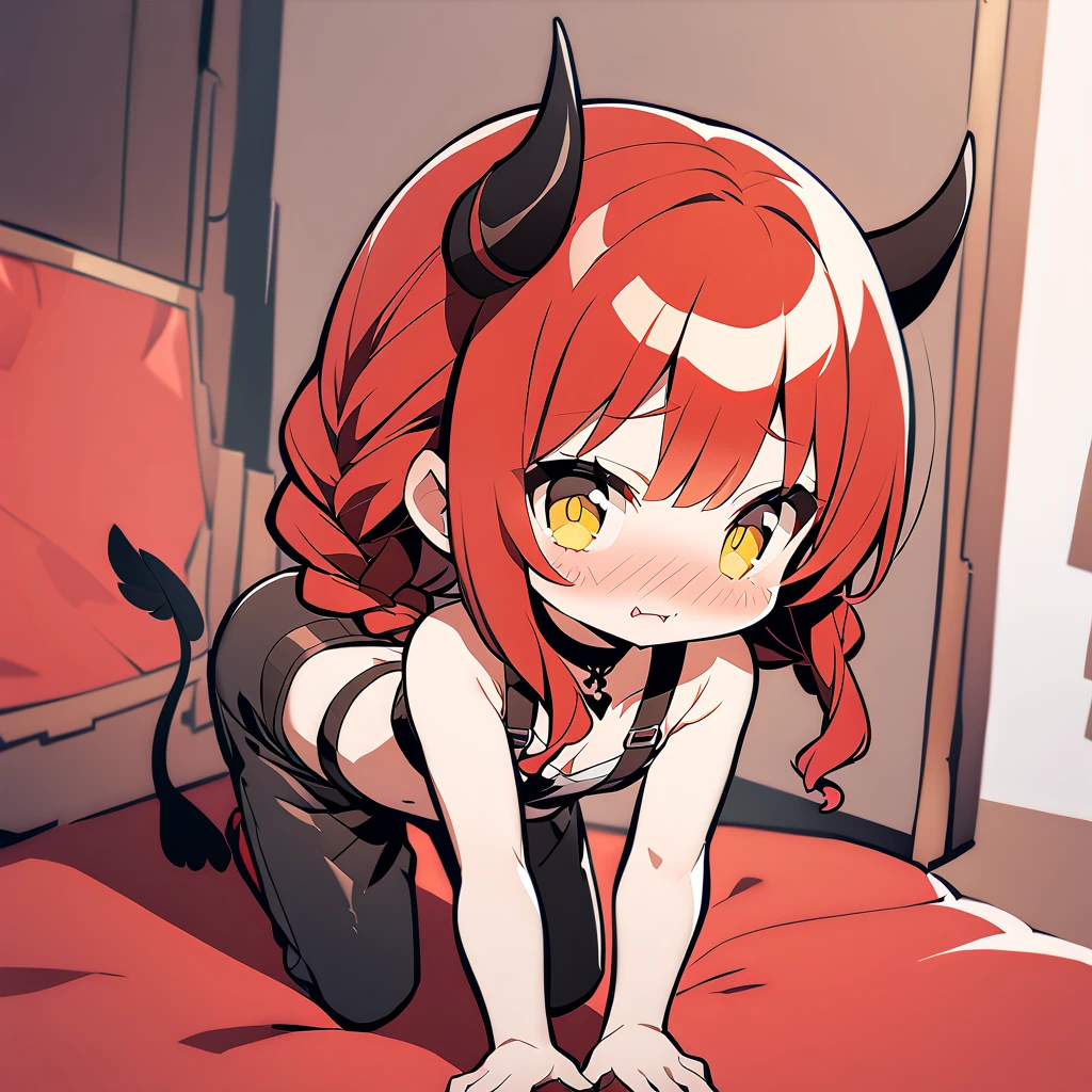 high resolution, Devil,devil's tail,devil's horns,naughty look,tooth,red eyes,young,flat chest,Completely naked,black,nipple,Pussy,spread legs,spread pussy