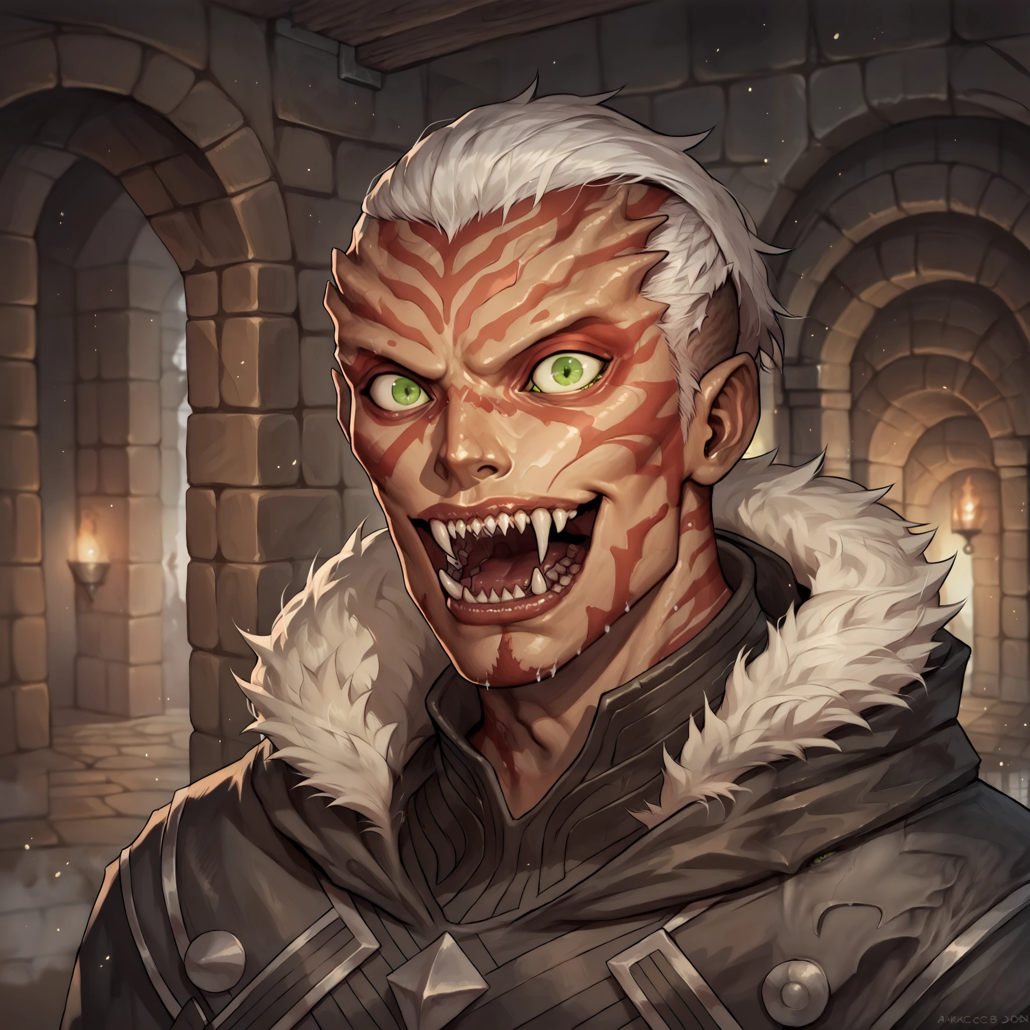 (((beautiful, high quality, comics style, detailed face))), score_9, score_8_up, score_7_up, BREAK,portrait, solo, 1man, male ((Zabrak, alien, carapace:1.4)), green eyes, white hair, undercut, messy asymmetrical bob hairstyle, (((Mmouth, open mouth, sharp teeth))), expression of madness, evil laughing, leather armor, fur trim, hooded, frayed fabric, ((in a catacomb, dungeon background, ghostly fog)), blurred background, zPDXL3, detailxl, DeepNegative_xl_v1