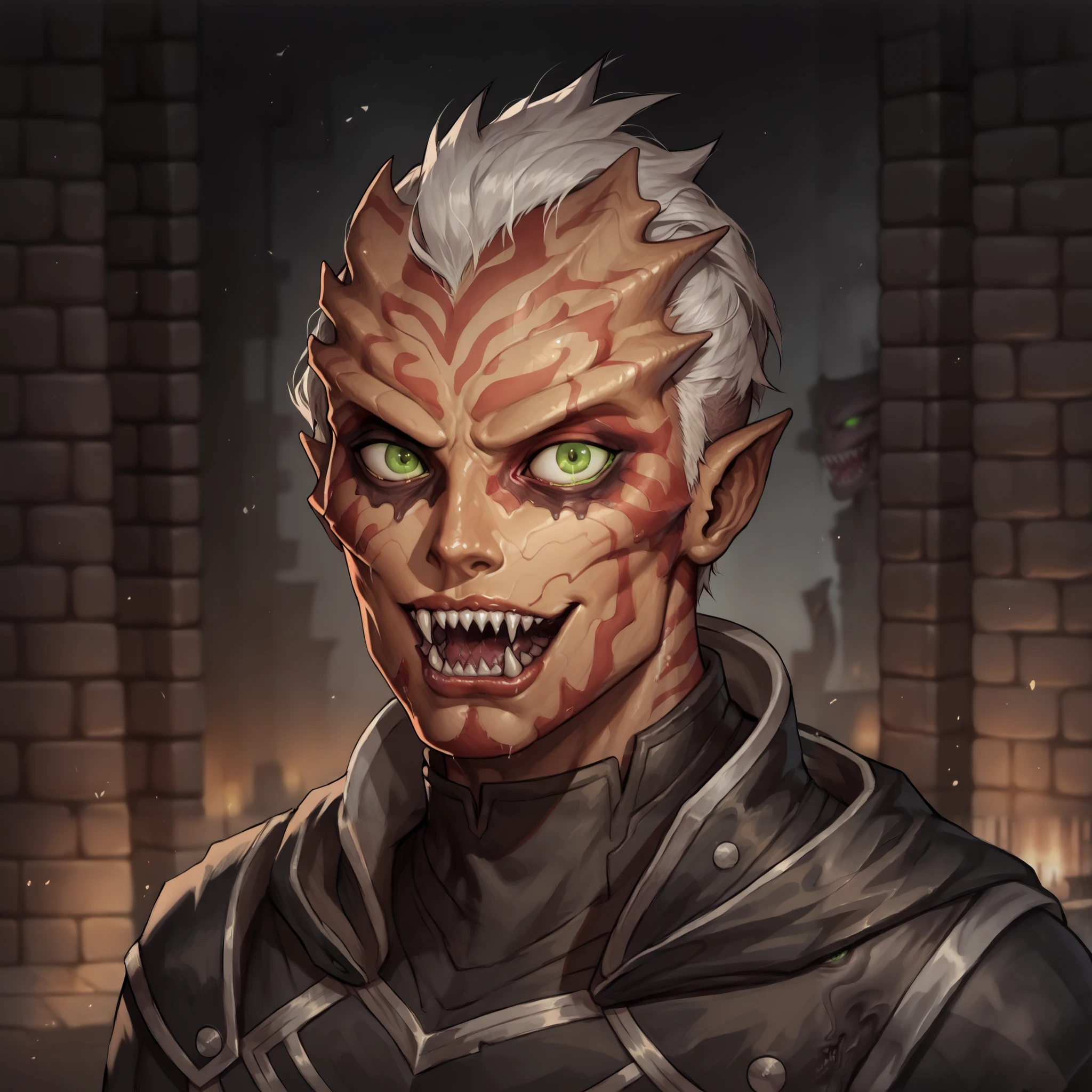 (((beautiful, high quality, comics style, detailed face))), score_9, score_8_up, score_7_up, BREAK,portrait, solo, 1man, male ((Zabrak, alien, carapace:1.4)), green eyes, white hair, undercut, messy asymmetrical bob hairstyle, (((Mmouth, open mouth, sharp teeth))), expression of madness, evil laughing, leather armor, fur trim, hooded, frayed fabric, ((in a catacomb, dungeon background, ghostly fog)), blurred background, zPDXL3, detailxl, DeepNegative_xl_v1
