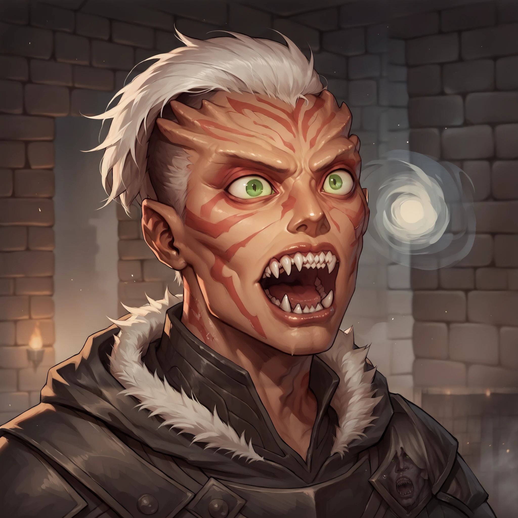 (((beautiful, high quality, comics style, detailed face))), score_9, score_8_up, score_7_up, BREAK,portrait, solo, 1man, male ((Zabrak, alien, carapace:1.4)), green eyes, white hair, undercut, messy asymmetrical bob hairstyle, (((Mmouth, open mouth, sharp teeth))), expression of madness, evil laughing, leather armor, fur trim, hooded, frayed fabric, ((in a catacomb, dungeon background, ghostly fog)), blurred background, zPDXL3, detailxl, DeepNegative_xl_v1