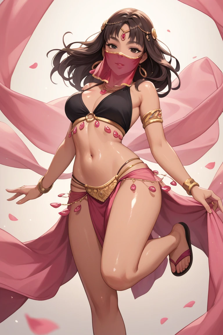 masterpiece, high res, detailed face, detailed eyes, anime screencap, 1 girl, angry, whip, flames, long hair, purple hair, ponytail, slightly dark skin, pink pants, dancing, freckles (((veil covering face))), full body, cowboy shot, outdoors <lora:karen:1>