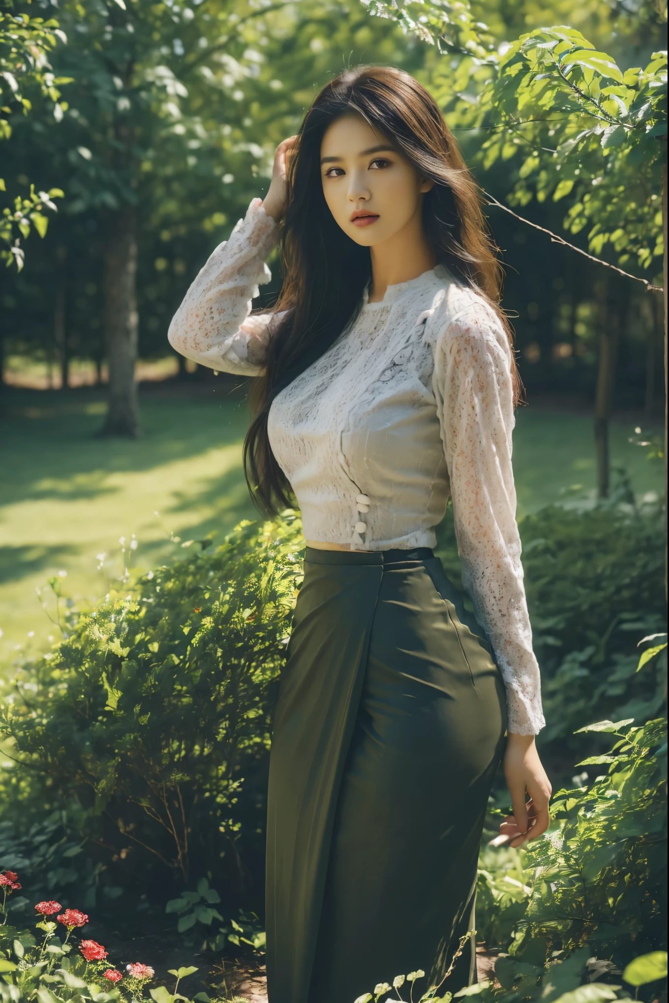 ((Best Quality, 8k, Masterpiece:1.3))), Crisp Focus: 1.2, (Beautiful Woman with Perfect Figure: 1.4) , multiple girls))),((((6girls))))、((6 girls))、The same face、matching uniform、(acmm ls outfit, dark red acmm top, wearing acmm long skirt, dark red acmm long skirt, printed skirt,)、Long black hair、((((Gigantic Breasts)))Raw photo、same person、Doppelganger、(group portraits), standing,ass focus ,front view,In the floral plants forest background ,film effect 、best position,best composition, perspective view, ultra wide view,(best quality,4K,8K,highres,masterpiece:1.2),ultra-detailed,(realistic,photorealistic,photo-realistic:1.37),HDR,studio lighting,sharp focus,