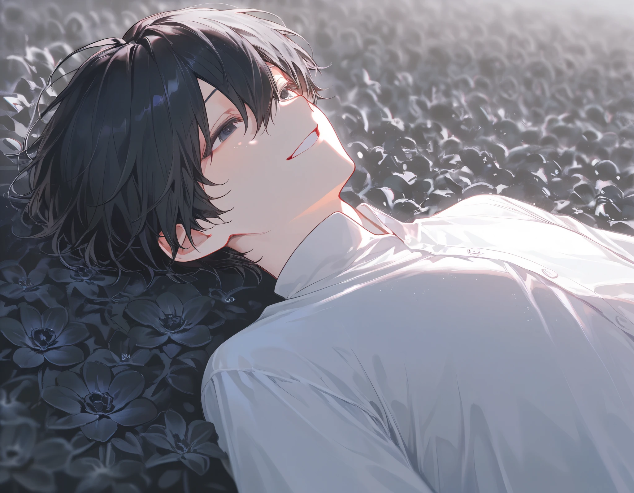 ((1 male with black hair and short hair:1.4)),((Black Flower Field:1.4))、 the petals dance、 white shirt、(Sunshine、Clear skies)、 is bursting out laughing