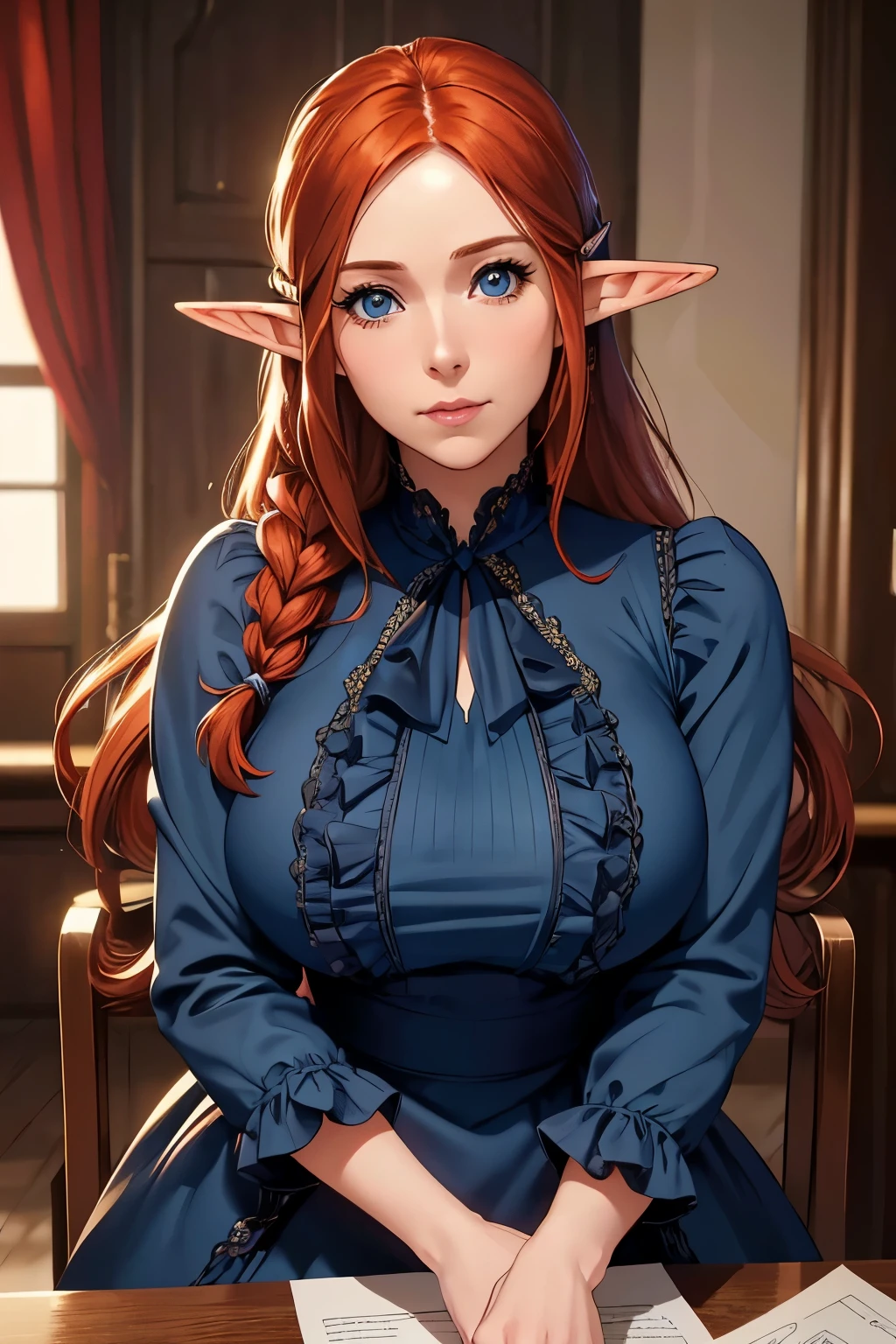 Beautiful Farmer with Braids . ((redhead woman, mature adult woman , mature milf's face, long hair , pointy ears , elf ear)), Perfectly round face. cute and pretty face, big lips, beautiful and voluptuous , charming beauty , (( soft expression on the face )), ((Beautiful big, detailed blue eyes )), curly curly , Long legs (( Dark blue dress with ruffles, mature adult woman , adult milf face, modest dress, very high neckline)) (detailed high )), official art , Award-winning digital painting , digital illustration , extreme details, 4K, Ultra HD, rococo, polished, intricate, realistic fantasy art , sharp focus, conceptual artwork , arte por wlop, germ of art, ( 2D vector illustration ) light, airy, hourglass body . ellie bamber