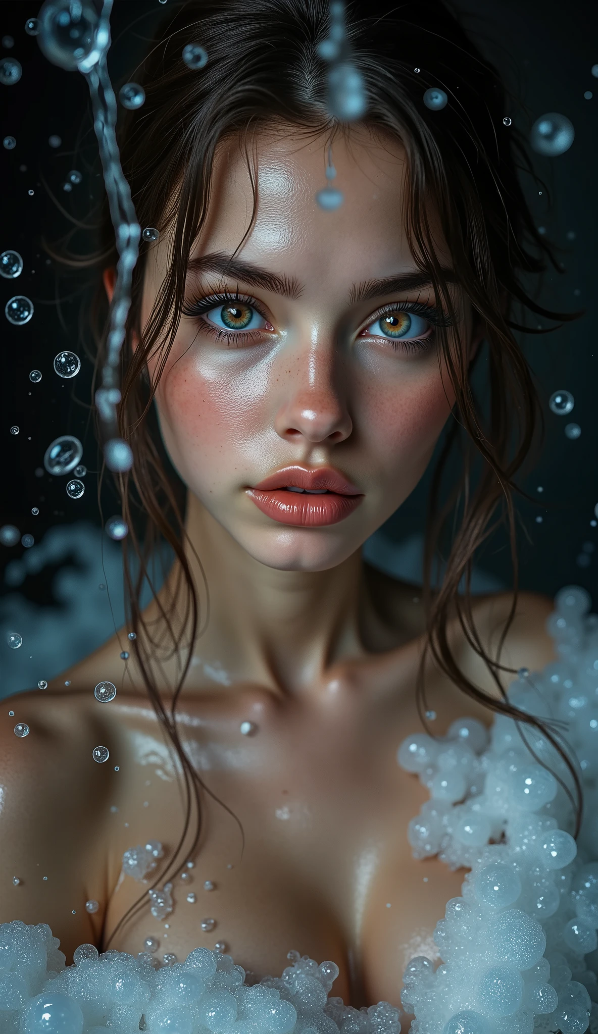 Realistic (photorealistic Realism), ((Ultra-realistic , ultra-high resolution)), ((Ultra-intricately detailed digital art)), professional photography, ((portrait)) a cute 1 Female, European, (ultra realistic texture details: velvety skin, hair),((close-up of her eyes:1.4)),((sharp focus, no blurr eyes, high resolution, absurd quality, Realistic brown_eyes:1.4),intricately detail:1.35),((extremely fine details eyes))((extra narrow eyebrows))(Carefully draw Long blue_eyelashes:1.2)(perfect round eyes:1.3).((finely detailed pupils:1.3))((extremely fine details pupils:1.3))((extremely fine details iris of the eyes:1.35))(Shining, mesmerizing, Vibrant eyes:1.22).(professional makeup:1.4)((perfect dark_eyeshadows:1.4)),detailed lips:1.3,(apply glossy red_lipstick:1.3)(pink_makeup:1.28), (beautiful little nose), (perfect proportions:1.2),(small head),(anatomically correct), perfect female body, (Very beautiful, detailed face :1.38)、((very detailed lips: 1.21)、(very detailed nose: 1.2)、((small head: 1.4))、((High Contrast))、((Erotic:1.6)), ((random expressions))、((firm full breasts:1.35)), (narrow waist:1.3), medium ass, beautiful cheekbones, (slim belly: 1.3), ((well-muscled body:1.3)), ((slim face)), ((anatomically correct))、(professional lighting)、((water gushing from above:1.3)), ((wet whole body and soaked hair:1.25)), ((thick layer of foam from large bubbles in all intimate areas: 1.25)), ((bent:1.3)), looking up, ((side shot)), ((shot from above:1.3)), ((body shot to knees))、
