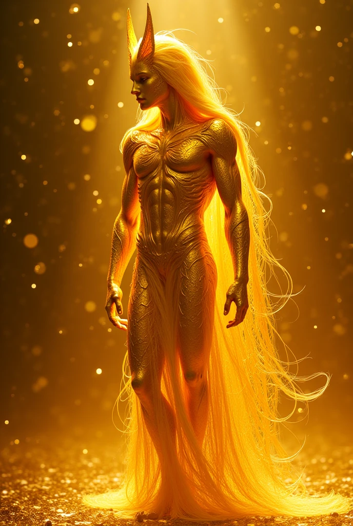 A surreal, dreamlike image of a man made entirely of iridium. His form is composed of sleek, lustrous iridium metal, creating a figure that appears both solid and ethereal. The man's body has a reflective, mirror-like surface with a subtle, shimmering sheen that captures and bends light in otherworldly ways. His eyes are deep, glimmering orbs of iridium, radiating a serene and mystical glow. His hair flows like streams of liquid metal, undulating and shifting with each movement. The scene around him is magical and surreal, set in a dreamlike landscape where the ground is a smooth, reflective surface of iridium and the air is filled with floating, shimmering particles. He stands amidst an enchanted environment with glowing, surreal elements and metallic shapes, his presence exuding a sense of mythical power and ethereal beauty. The atmosphere is both enchanting and captivating, capturing the essence of a mythical being formed from the very essence of iridium., photo, illustration, 3d render, cinematic