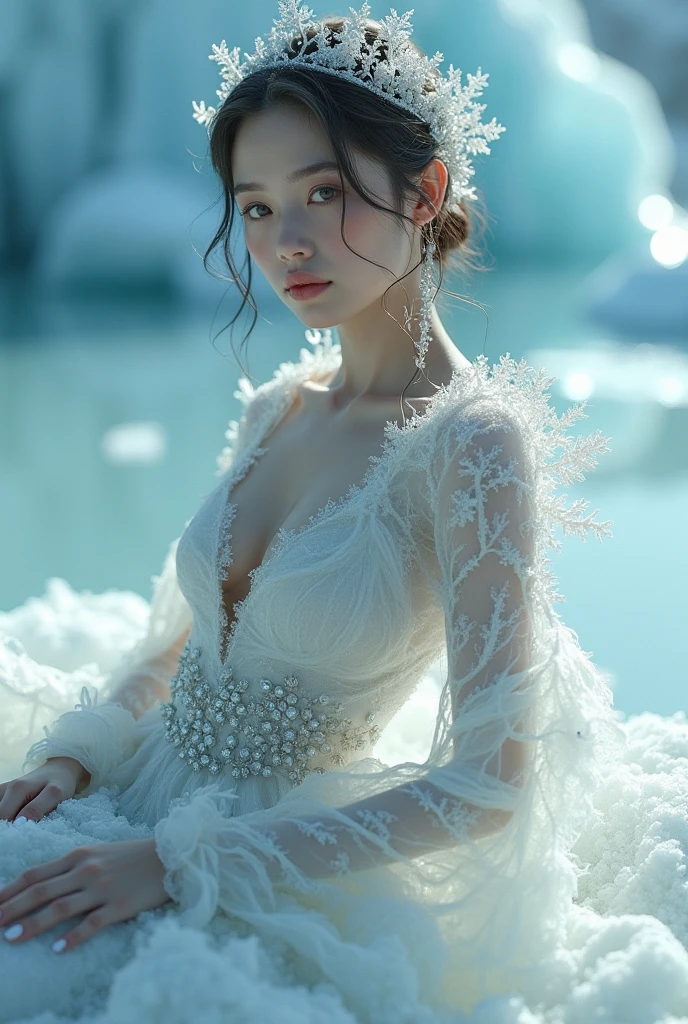 (((masterpiece))), best quality, illustration, 4k wallpaper, light, absurd, 1 girl, Vietnamese girl, (snow, ice), snow, In winter, white hair, Shiny hair, curly hair, Transparent clothes, decoration, Lace, Wet clothes, xa_vai, Headband, masterpiece, telephoto lens, absurd, Exquisite facial features,Record,Poster layout,Elegant pose,,Natural light,Soft light,(Seven-part combination) ,magnificent,Wonderful and magical,mysterious,Moment of longing,Bigger breasts,Huge breasts,exposed