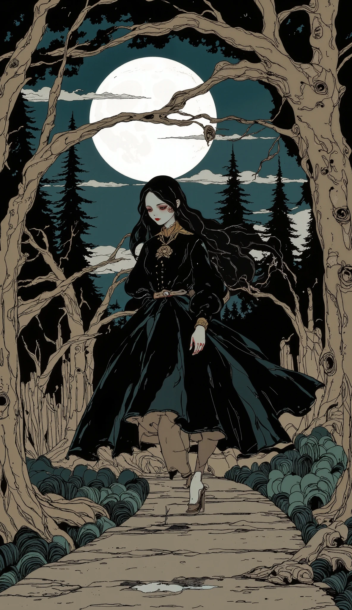 A Day with My Gothic Girlfriend, A gothic girl in a dark forest, long black dress, pale skin, red lips, dark eyeshadow, intense gaze, walking on a path surrounded by twisted dead trees, moonlight shining through the branches, moody atmosphere, (best quality,8k,highres,masterpiece:1.2),ultra-detailed,(realistic,photorealistic,photo-realistic:1.37),dark fantasy,chiaroscuro lighting,dramatic shadows,muted colors,melancholic,atmospheric