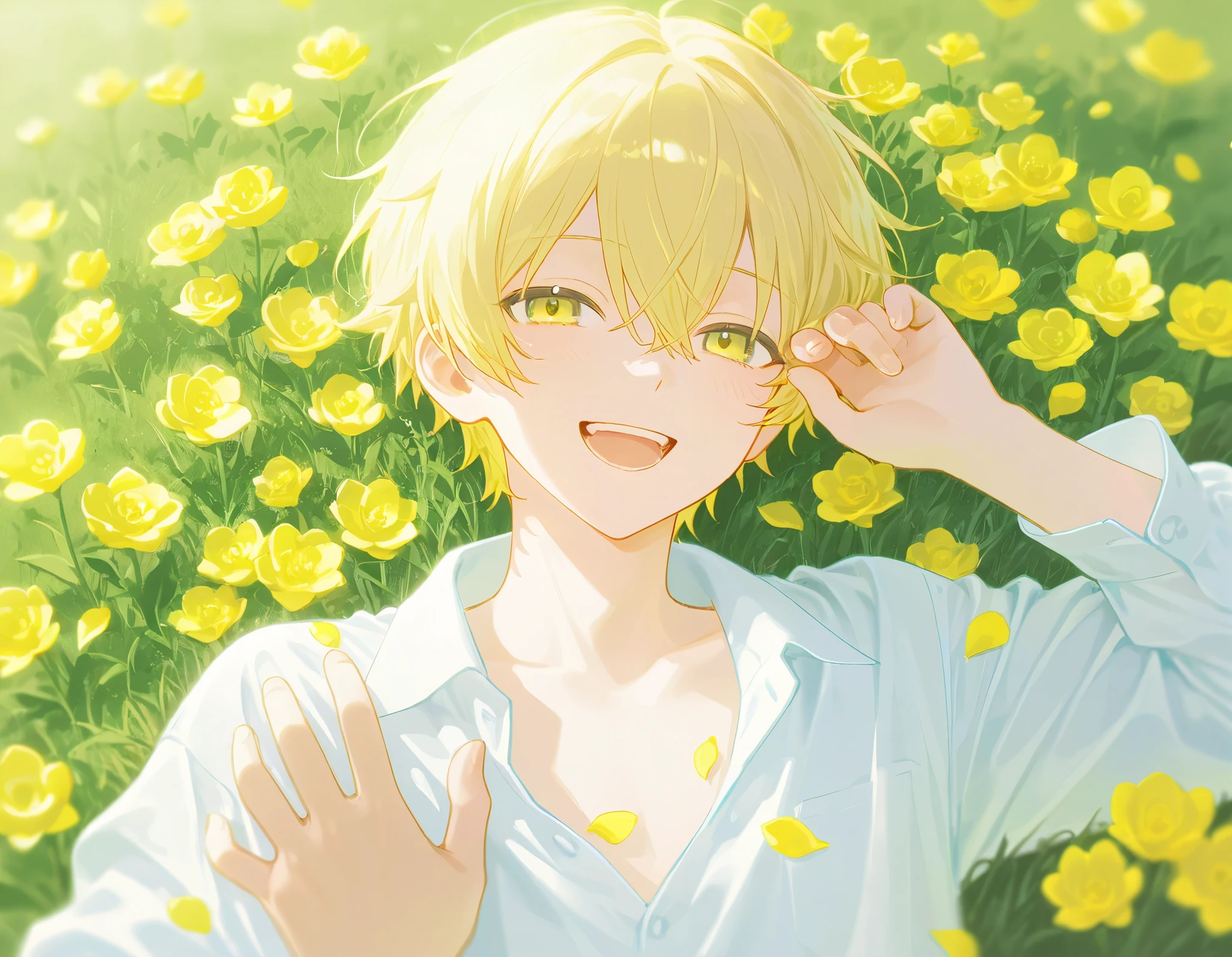 ((1 short blond male:1.4)),((Yellow flower field:1.4))、 the petals dance、Grass、 white shirt、(Sunshine、Clear skies)、 is bursting out laughing
