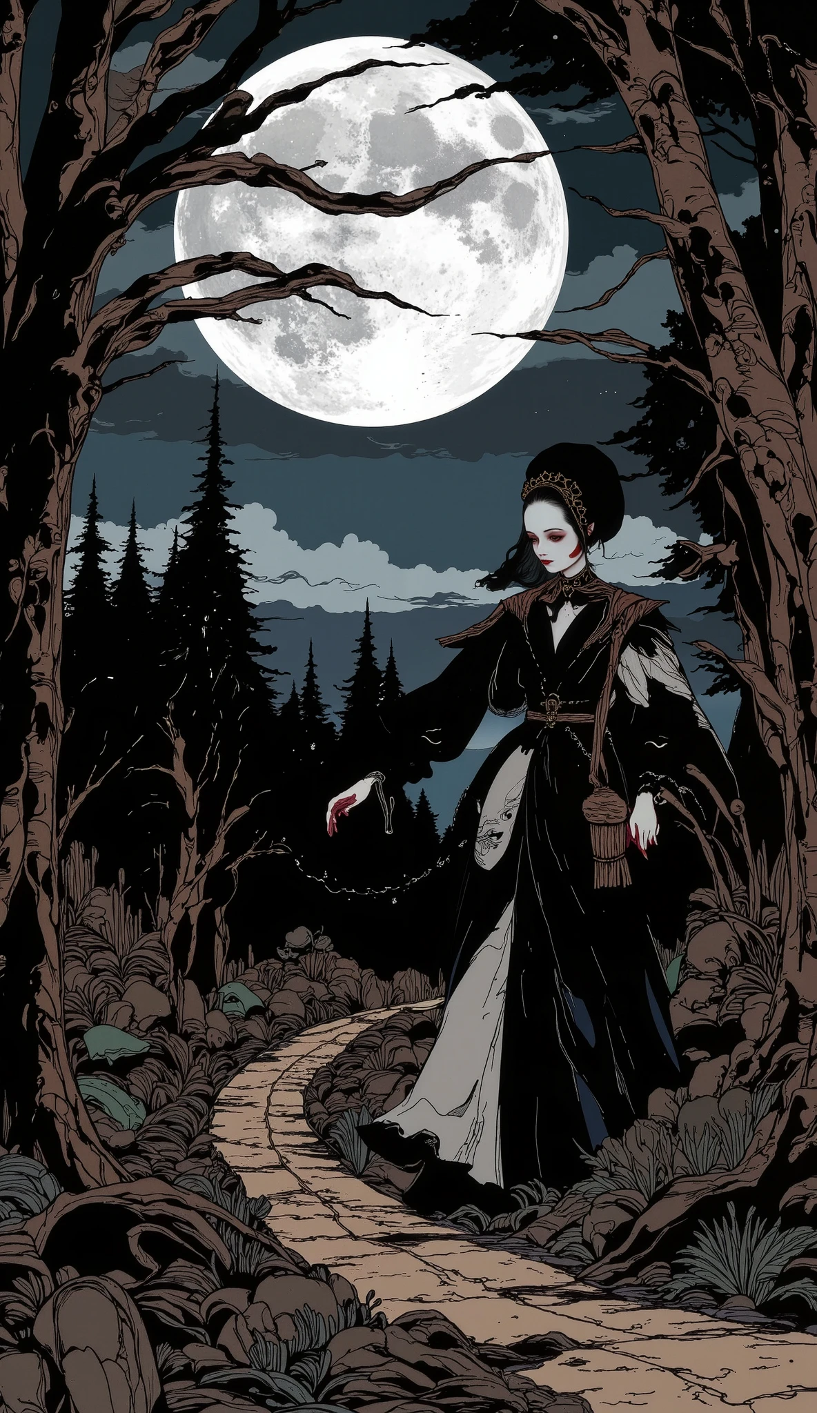 pareja heterosexual gótica, A Day with My Gothic Girlfriend, A gothic girl in a dark forest, long black dress, pale skin, red lips, dark eyeshadow, intense gaze, walking on a path surrounded by twisted dead trees, moonlight shining through the branches, moody atmosphere, (best quality,8k,highres,masterpiece:1.2),ultra-detailed,(realistic,photorealistic,photo-realistic:1.37),dark fantasy,chiaroscuro lighting,dramatic shadows,muted colors,melancholic,atmospheric