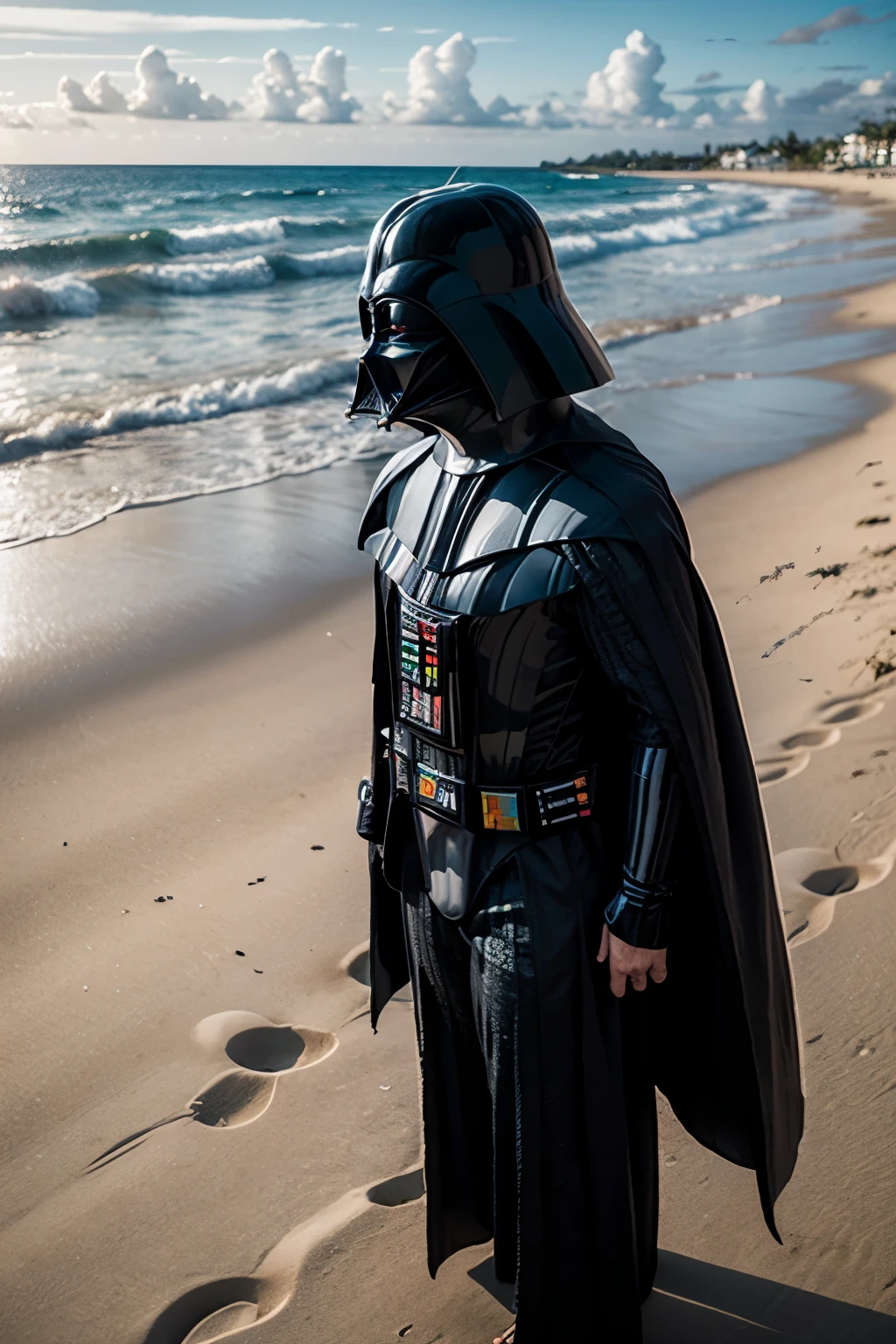 (Darth Vader) ( surfboard ) on the beach, Bermuda dress and floral shirt
