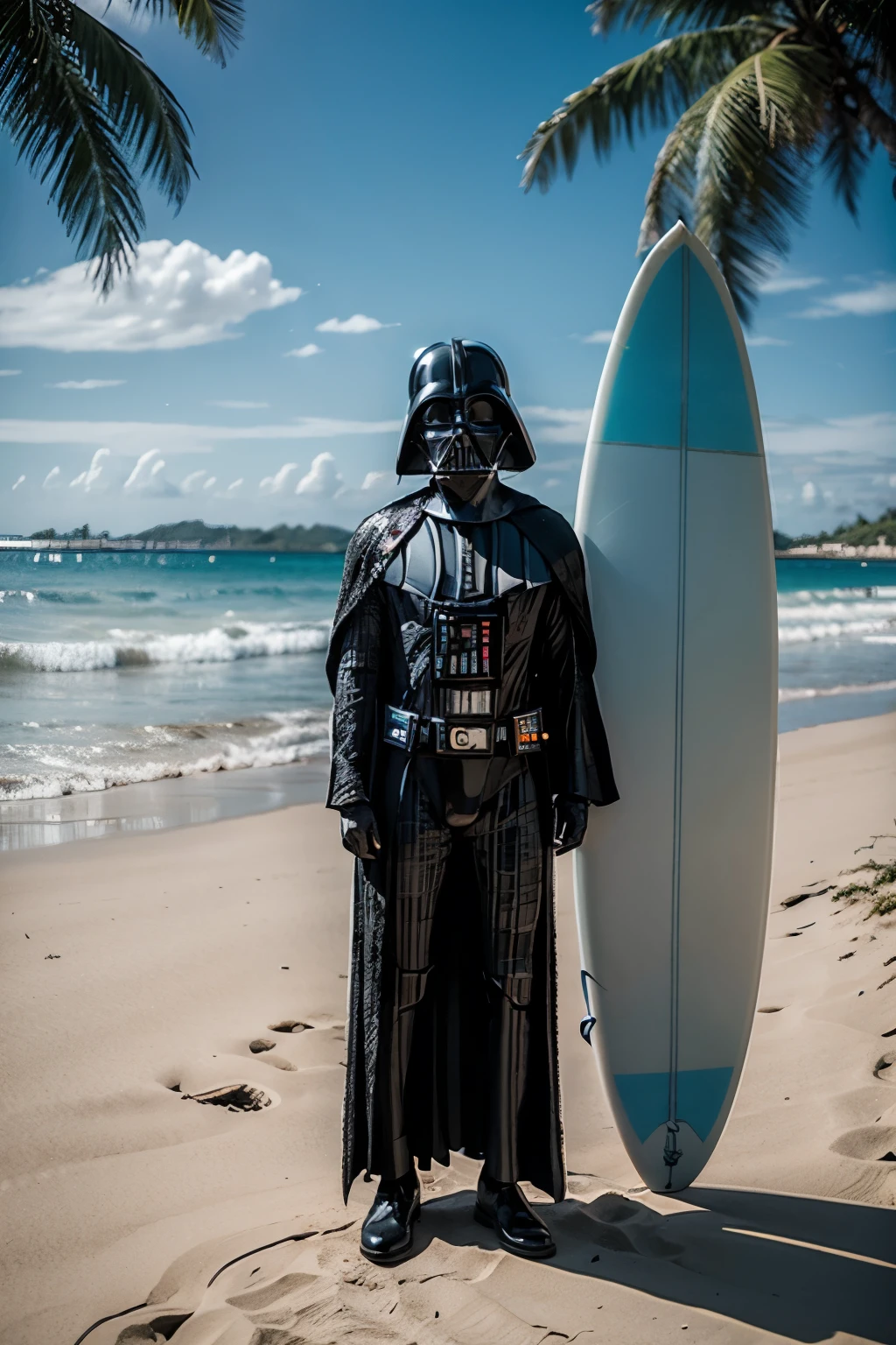 (Darth Vader) ( surfboard ) (4K) (photographic) on the beach, Bermuda dress and floral shirt, tropical palms
